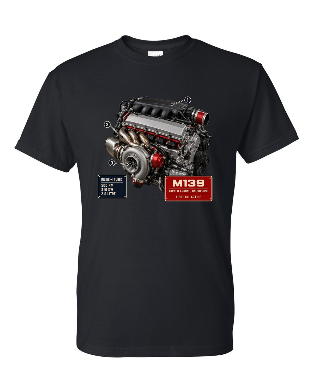 Mercedes-AMG M139 2.0 litre turbo four engine hero print black t-shirt front view with the design
