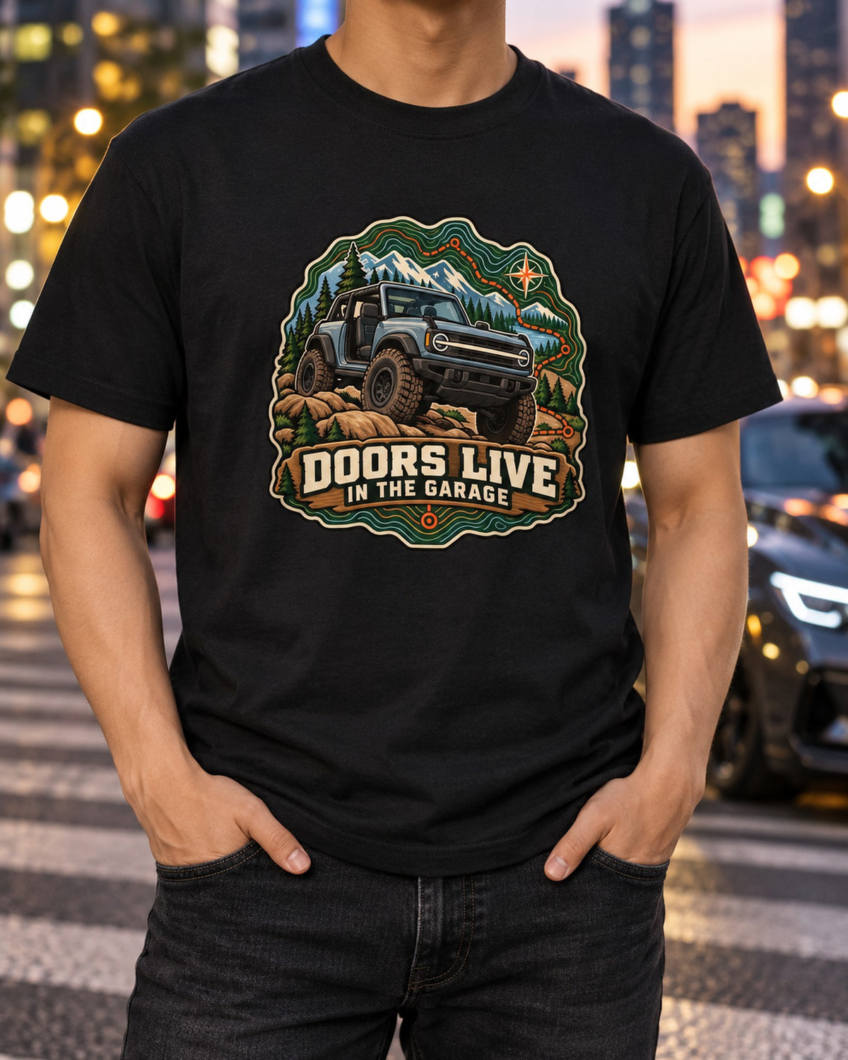 Ford Bronco U725 Two-Door Topographic Trail Map Shirt T-Shirt Black worn hero