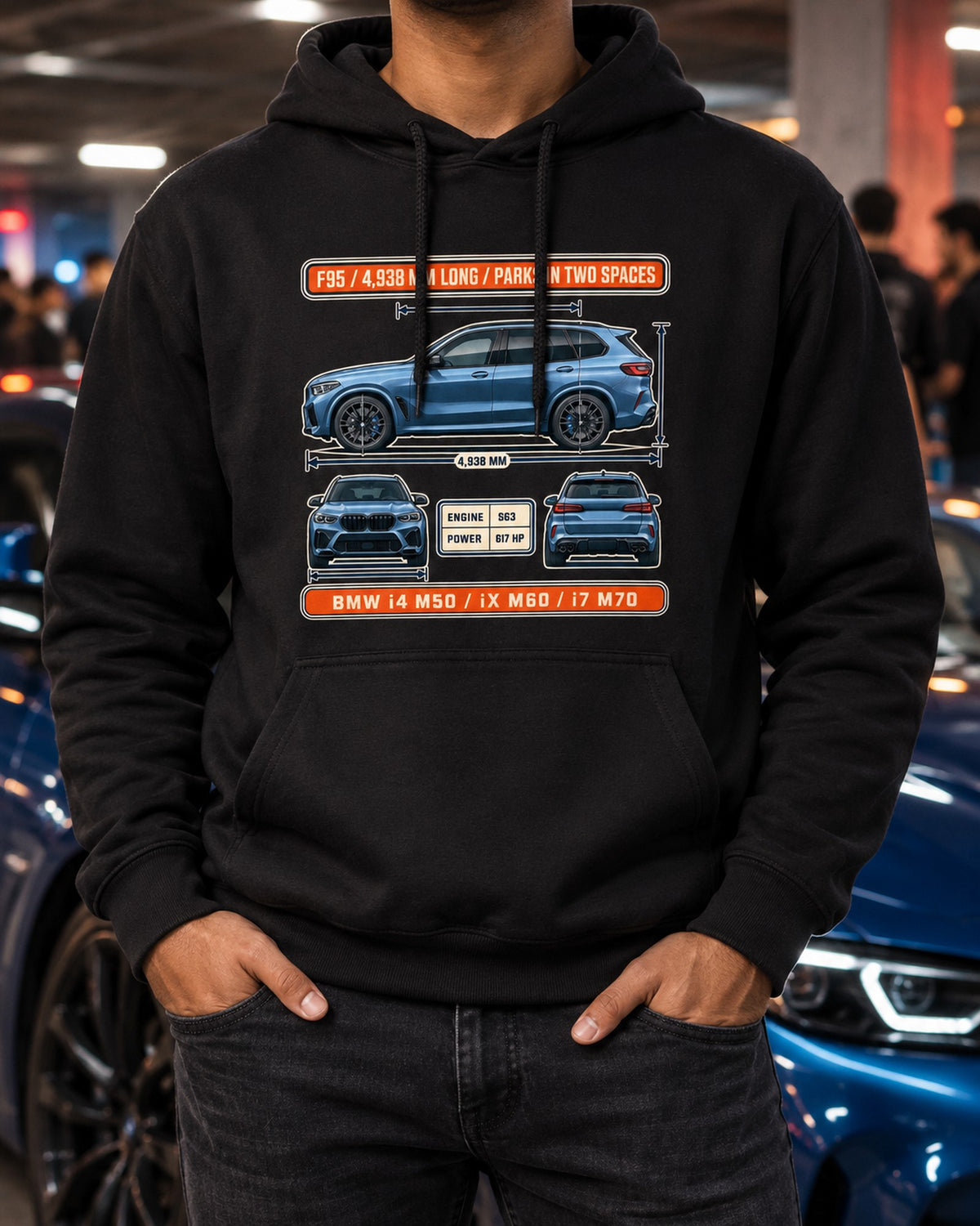 BMW X5 M Competition F95 Blueprint Tee, Car Enthusiast Gift Pull Over Hoodie Black worn hero