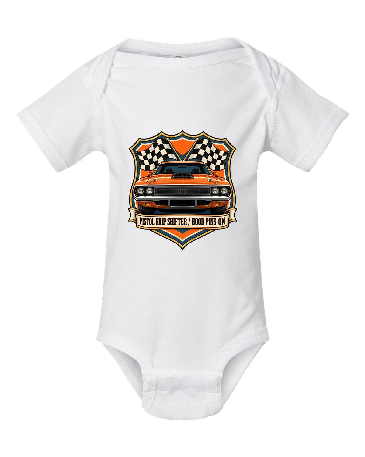 Shield crest design for a 1970 Dodge Challenger R/T E-body with pistol grip shifter caption white baby onesie front view with the design