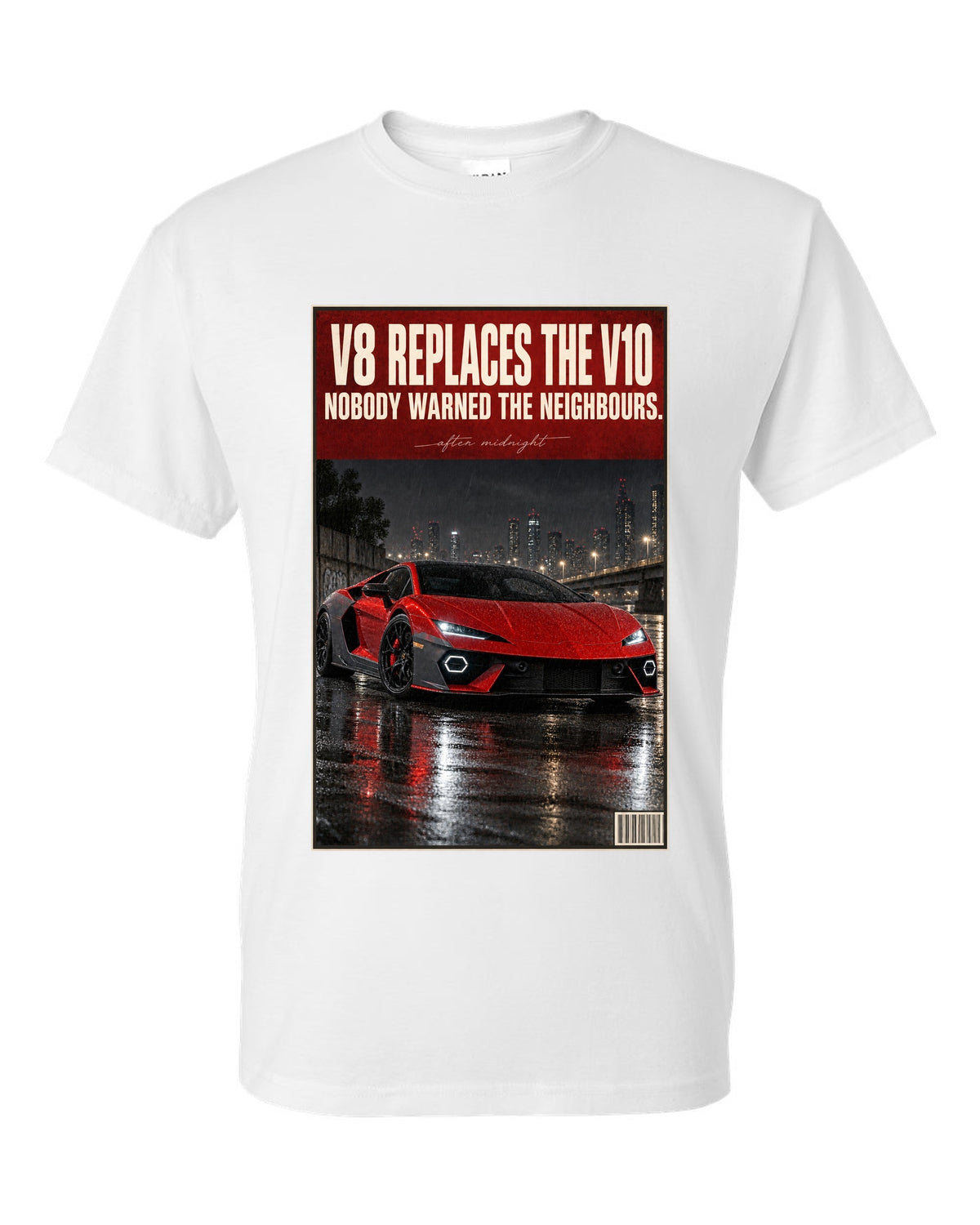 Night street print of the Lamborghini Temerario white t-shirt front view with the design