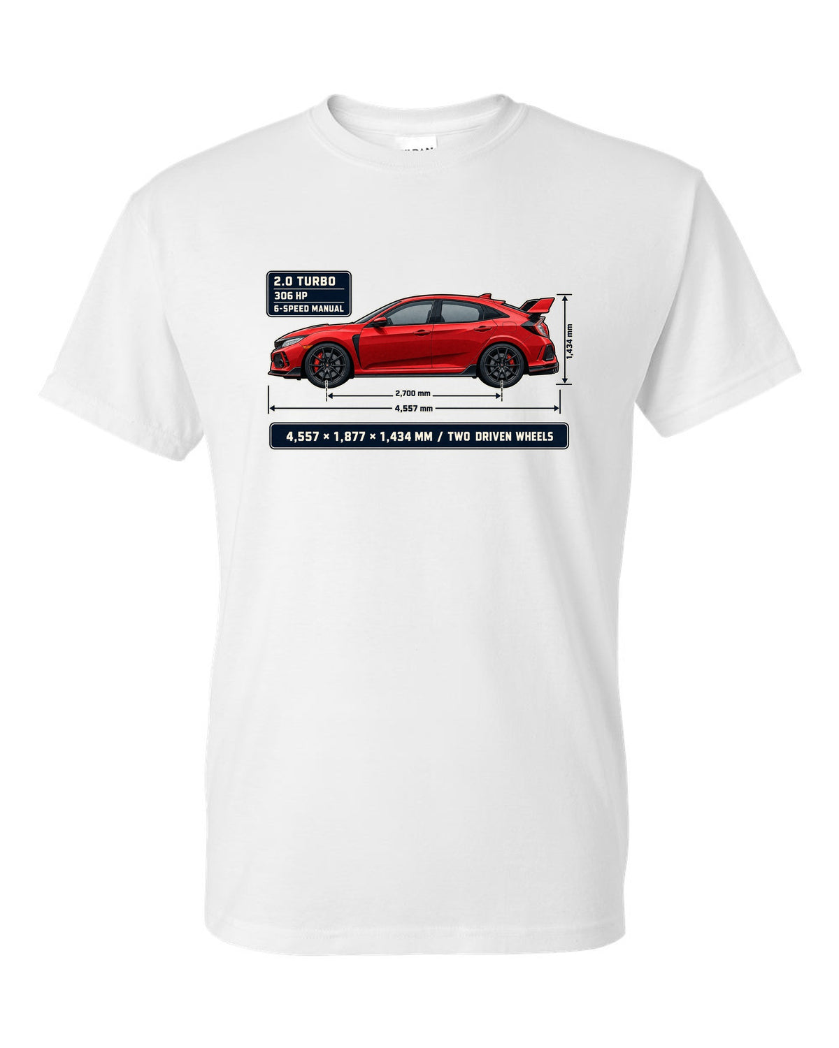 print dimension blueprint of a red Honda Civic Type R FK8 white t-shirt front view with the design
