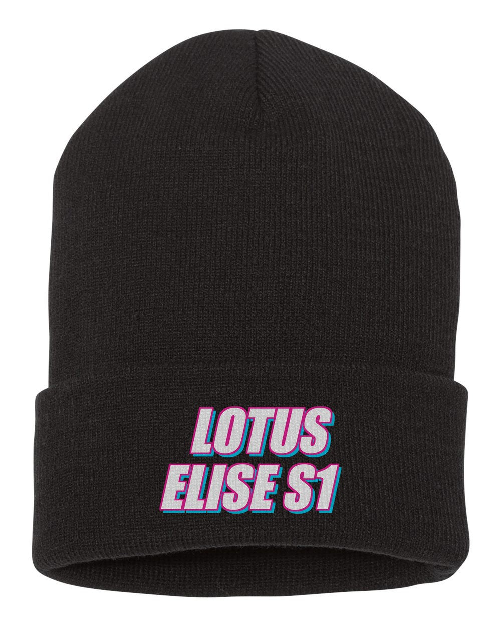 Lotus Elise S1 black beanie front view with car name