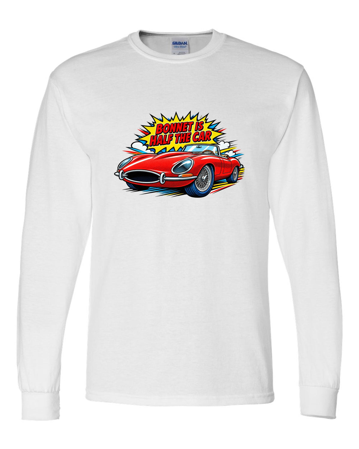 Comic halftone pop art print of a 1961 Jaguar E-Type Series 1 with bonnet is half the car lettering white long sleeve front view with the design