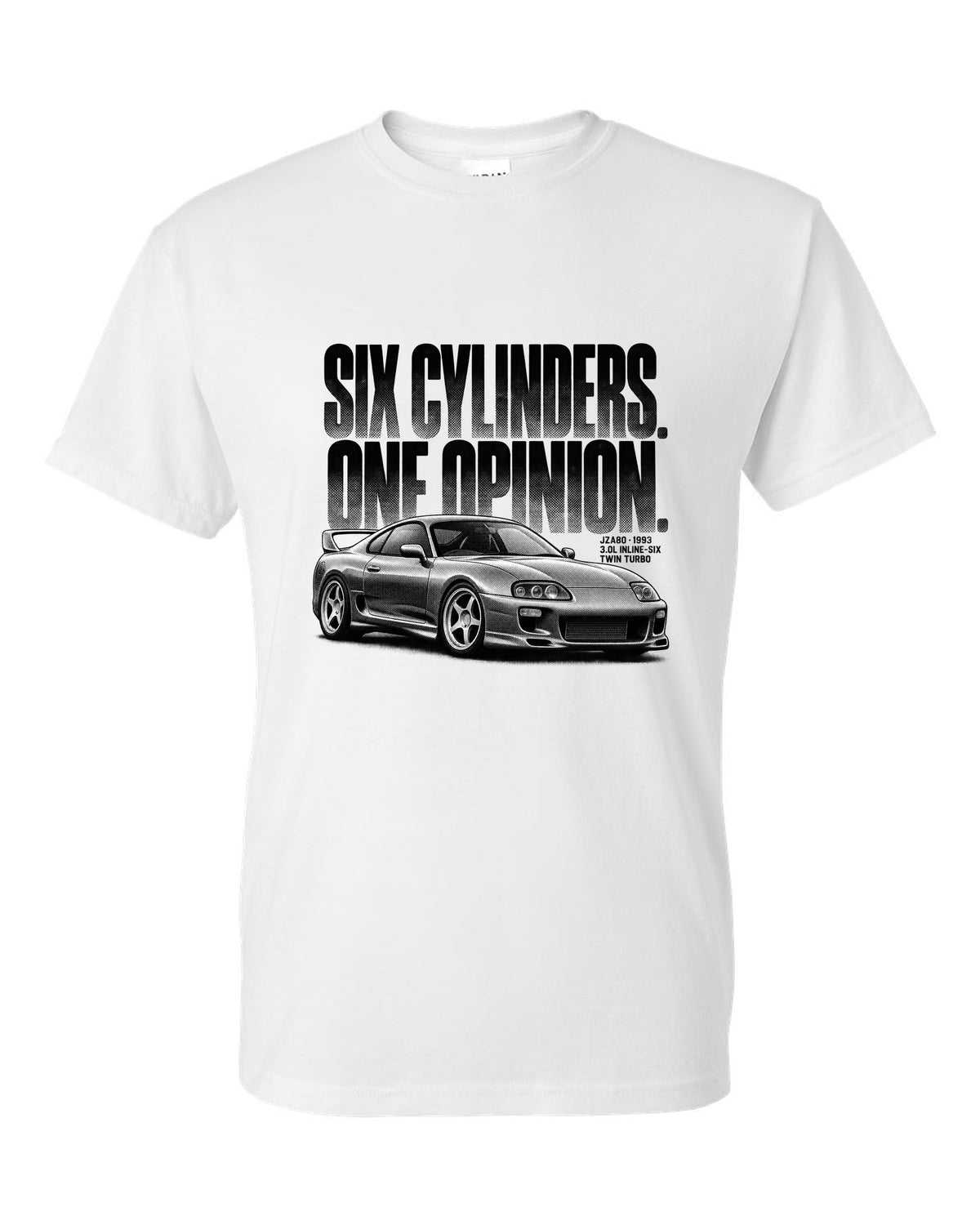 Halftone print of a Toyota Supra A80 JZA80 profile with the text Six Cylinders One Opinion white t-shirt front view with the design