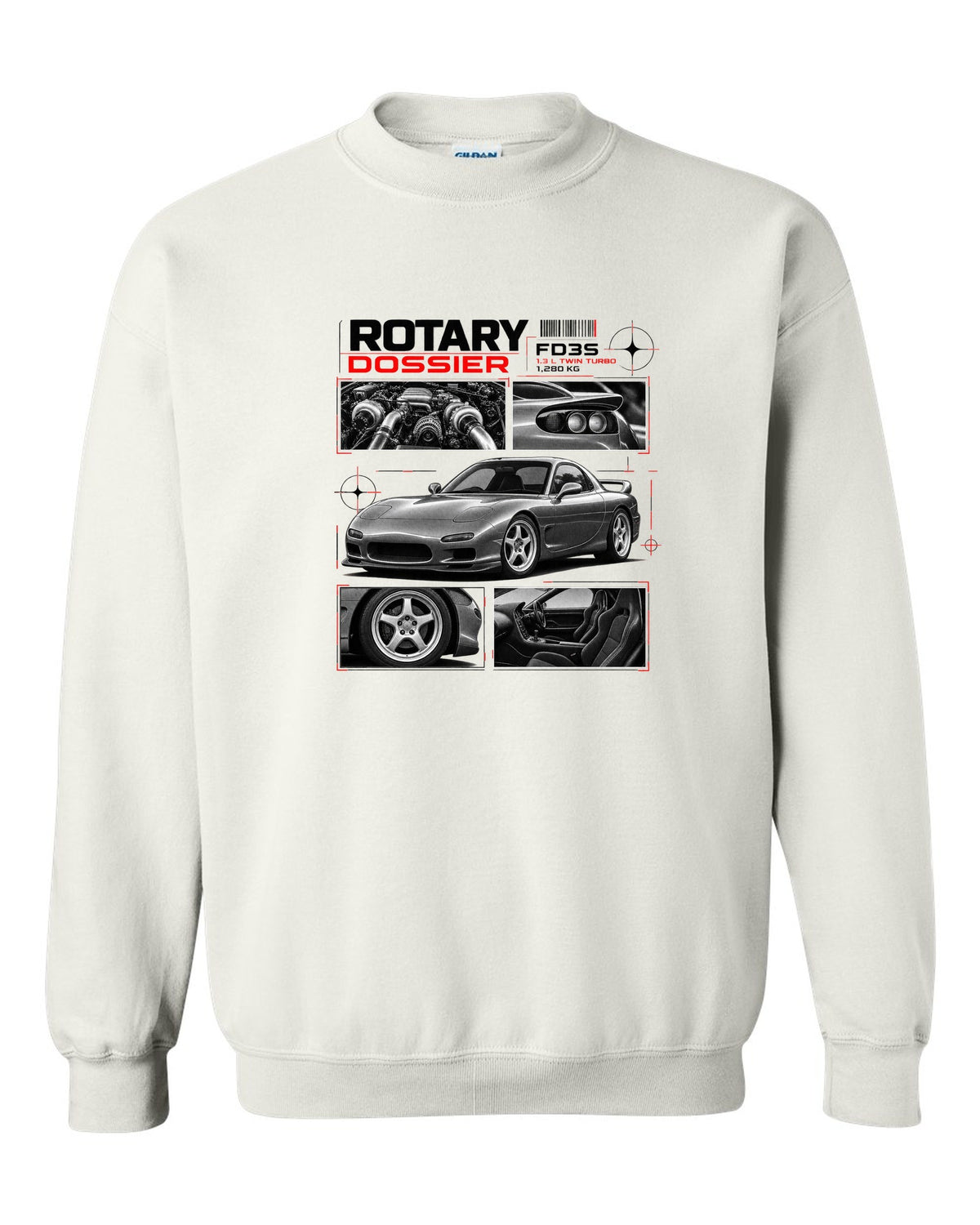 Dossier print of a Mazda RX-7 FD3S front three-quarter with detail panels white crewneck front view with the design