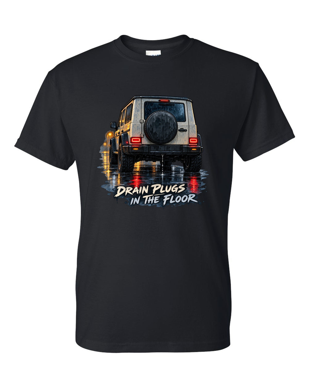 Jeep Wrangler JL taillight reflections on wet road in watercolour with drain plugs in the floor text black t-shirt front view with the design
