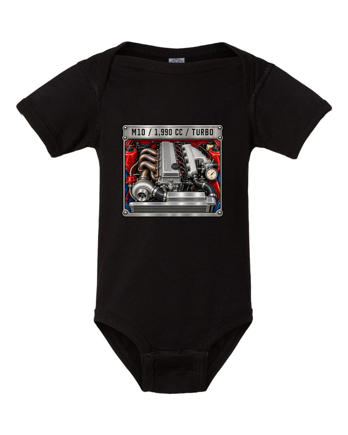 BMW 2002 turbo M10 engine spec data plate print with 1,990 cc text black baby onesie front view with the design