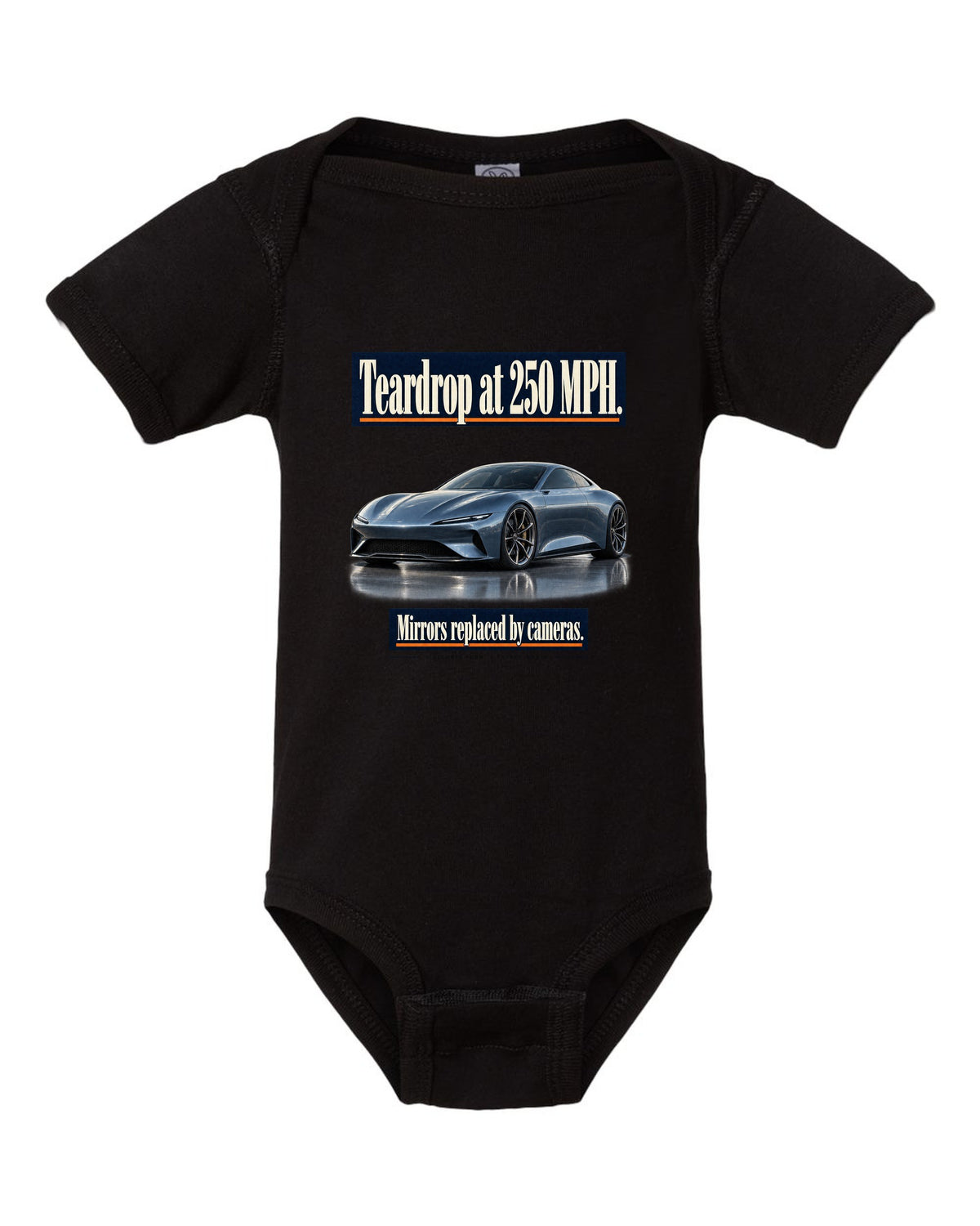 Editorial headline print of a steel blue McLaren Speedtail black baby onesie front view with the design