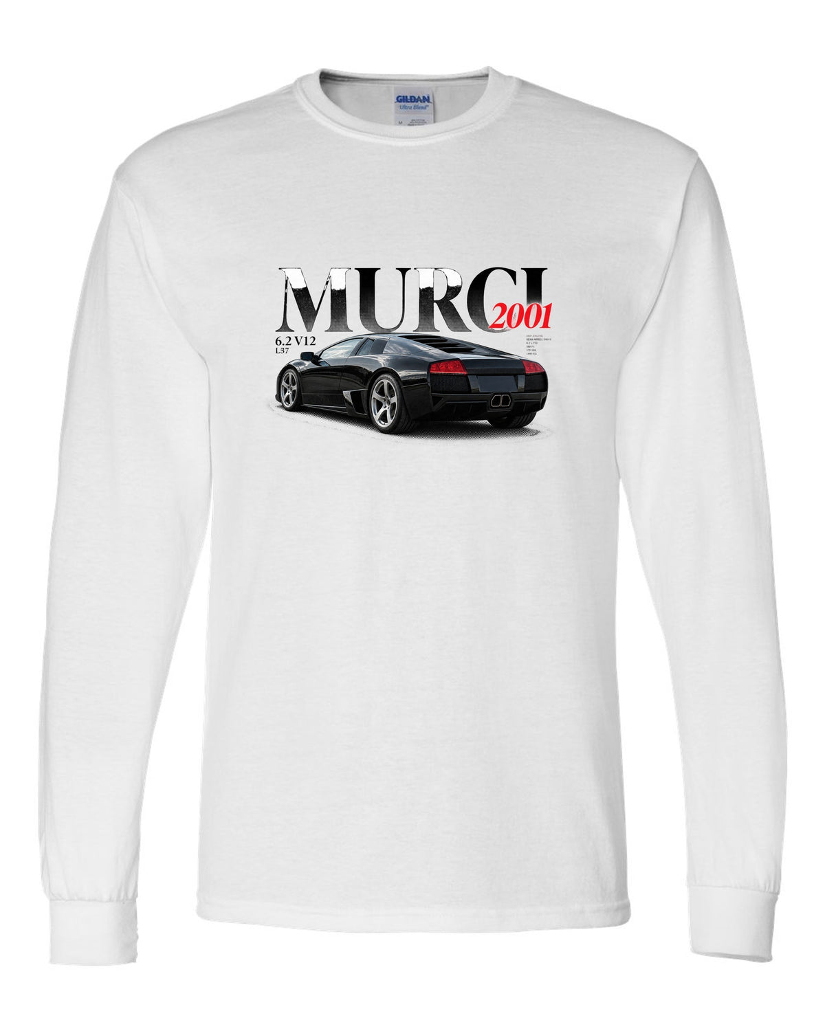Editorial style print of a Lamborghini Murcielago L537 with 6.2 V12 and 2001 text white long sleeve front view with the design