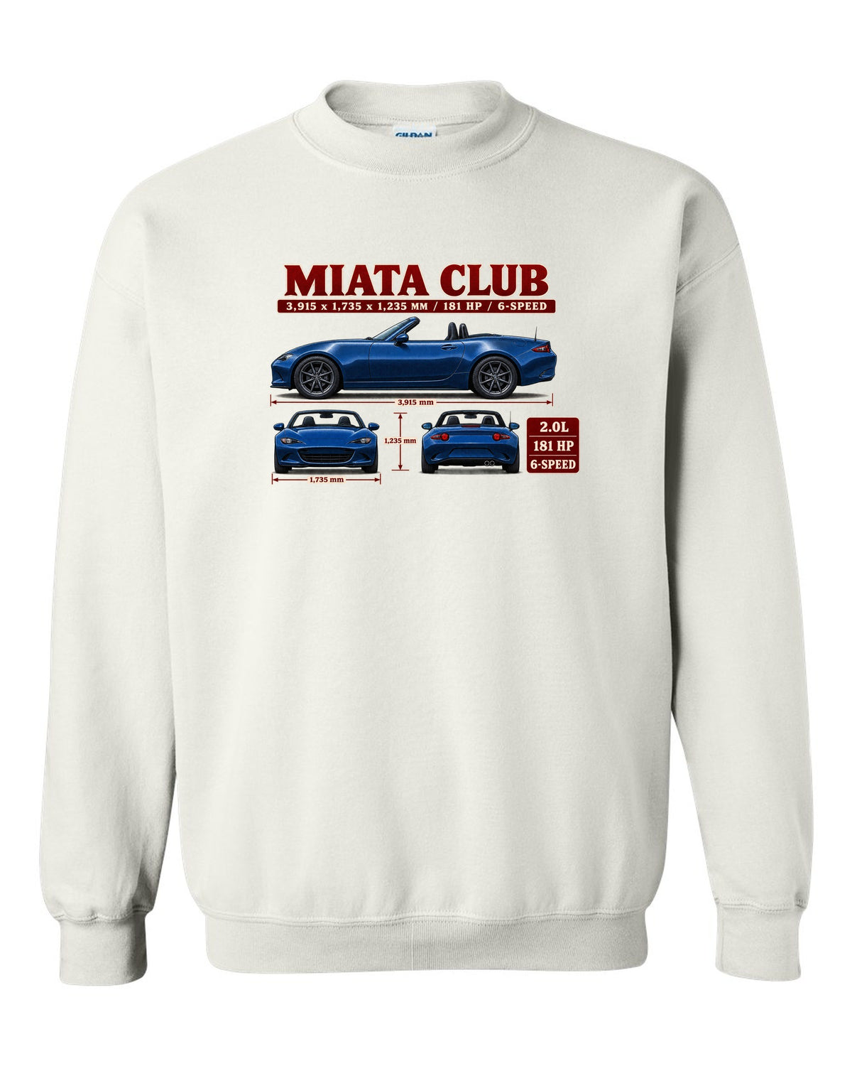 Three-view drawing and spec table of a 2019 Mazda MX-5 ND Club in Eternal Blue white crewneck front view with the design