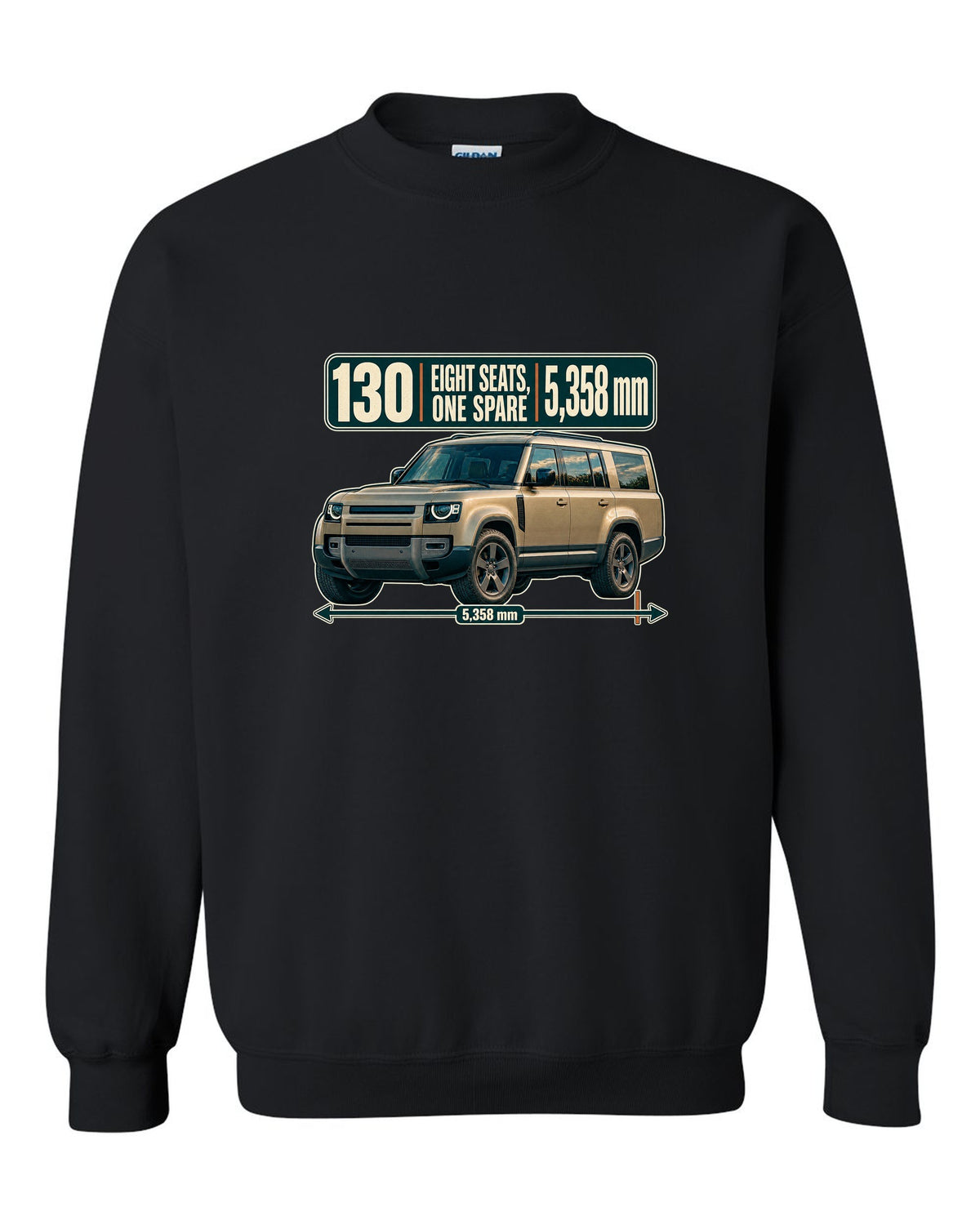 Editorial headline print for the Land Rover Defender 130 L663 with eight seats and length black crewneck front view with the design