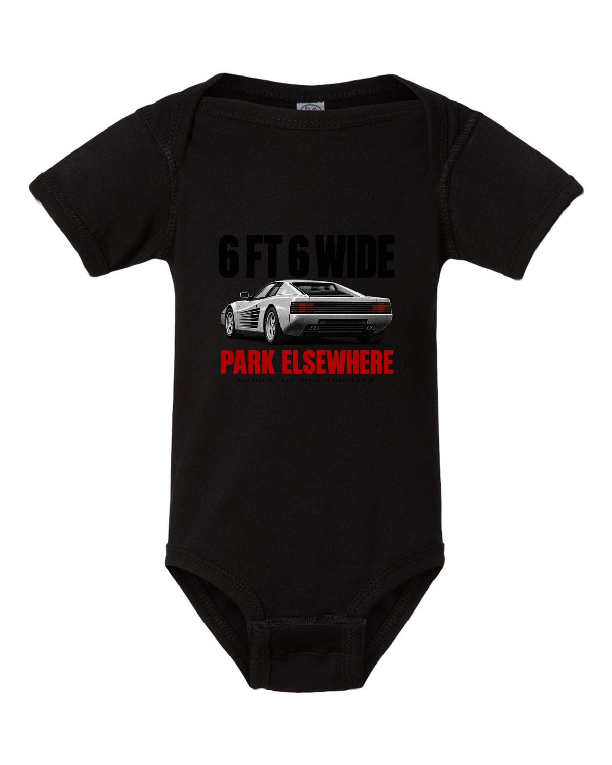 Ferrari Testarossa F110 1984 halftone print, 6 ft 6 wide, park elsewhere black baby onesie front view with the design