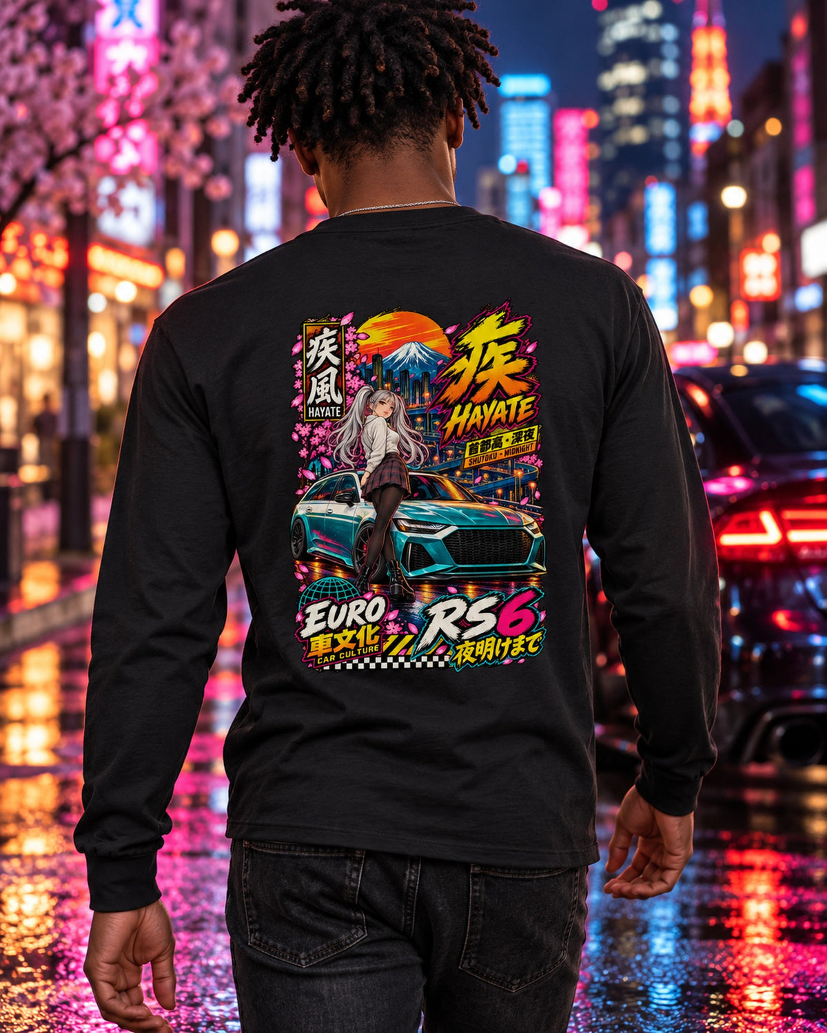 HAYATE RS6 Anime Girl Full-Back Graphic Tee Long Sleeve Black worn hero