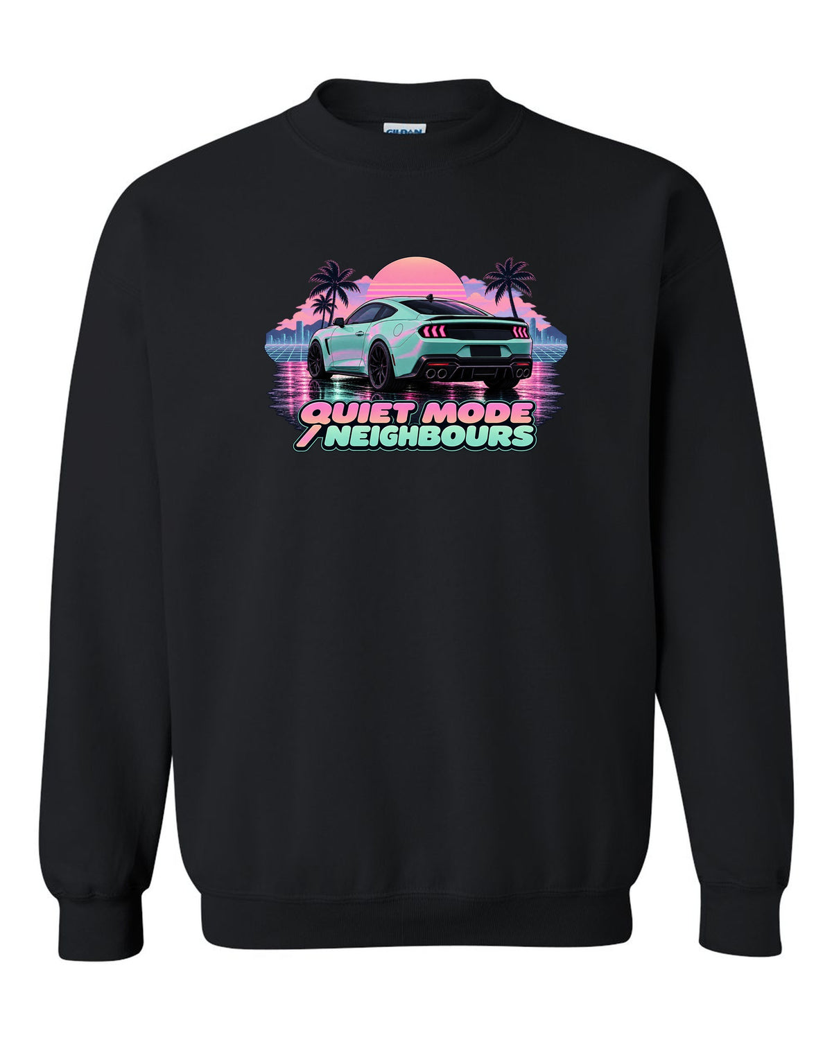 Vaporwave pastel print of a 2024 S650 Mustang coupe on wet asphalt with Quiet Mode text black crewneck front view with the design