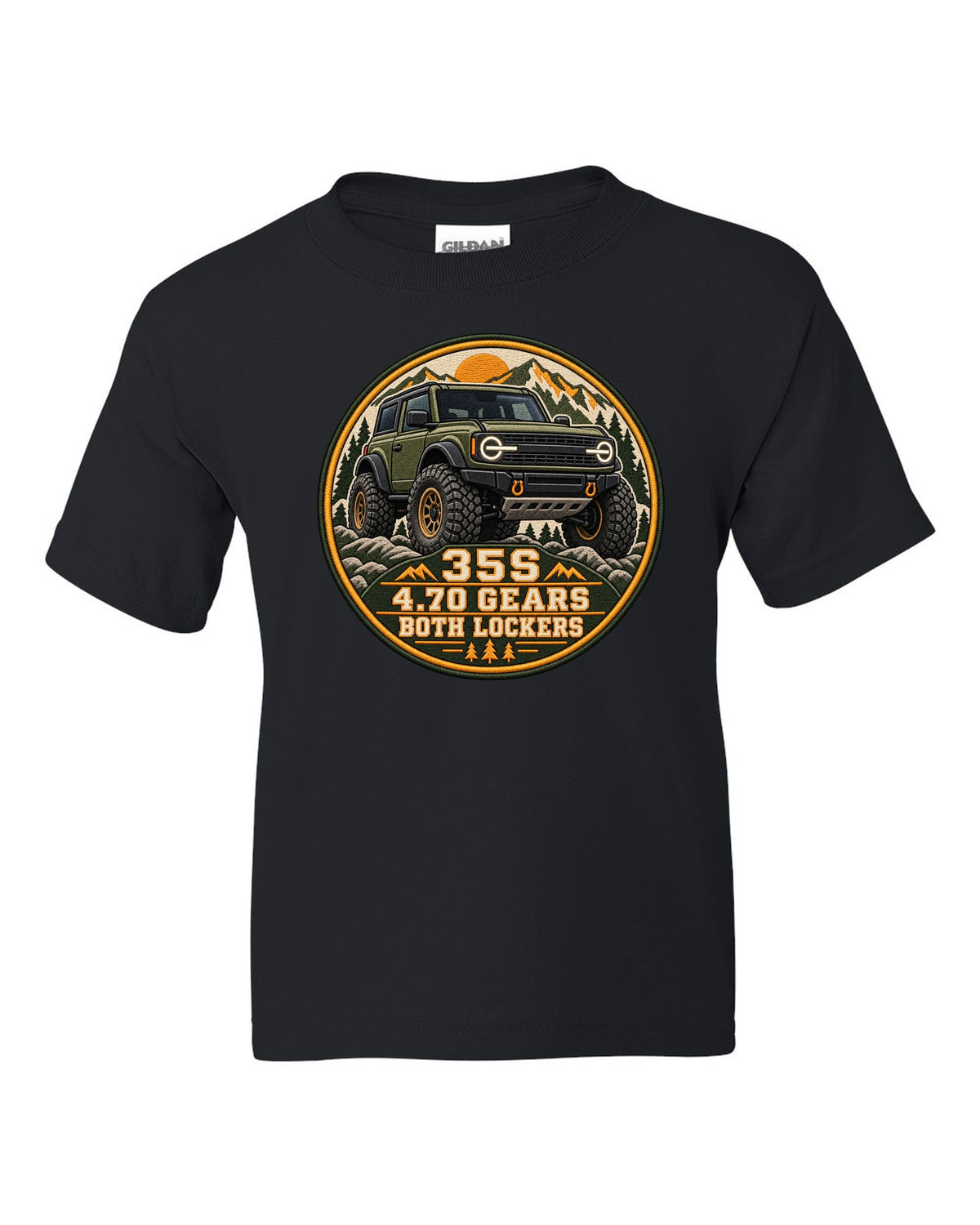 Round seal print for a 2021 Ford Bronco 6G Sasquatch package with 35s and lockers text black kids tee front view with the design