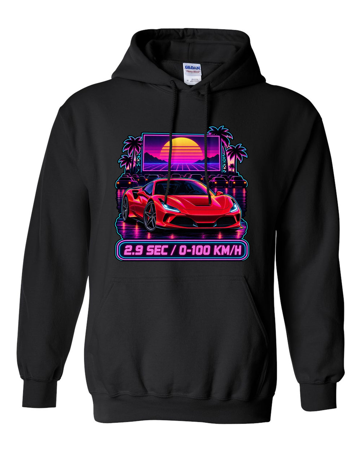 Synthwave outrun drive-in scene with Ferrari F8 Tributo and 2.9 sec text black pull over hoodie front view with the design