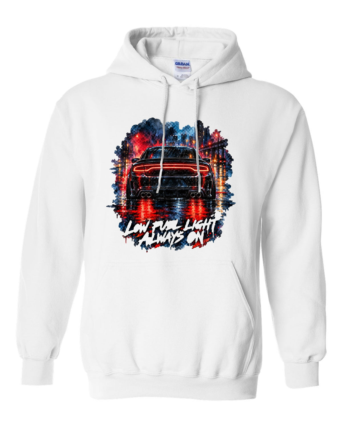 Watercolour wet-road night scene of the taillights of a 2015 Dodge Charger Scat Pack white pull over hoodie front view with the design