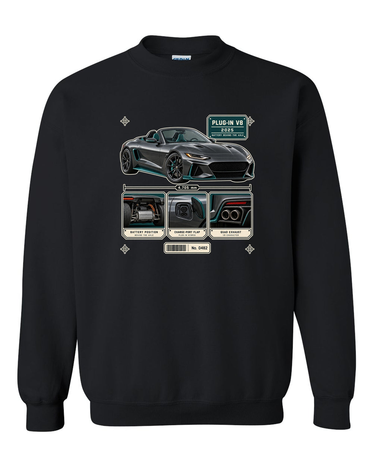 Mercedes-AMG SL63 S E Performance R232 dossier panel print in graphite and teal black crewneck front view with the design