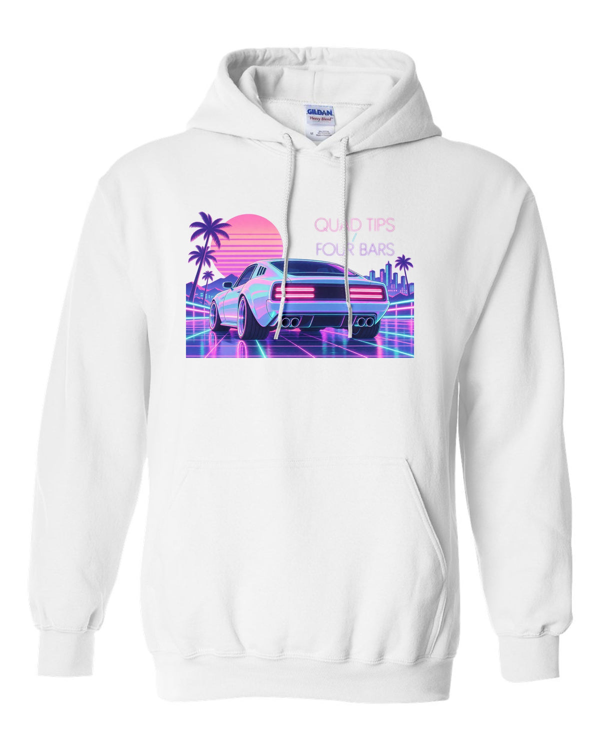 Kia Stinger GT CK vaporwave pastel rear view print with quad tips and four bars text white pull over hoodie front view with the design