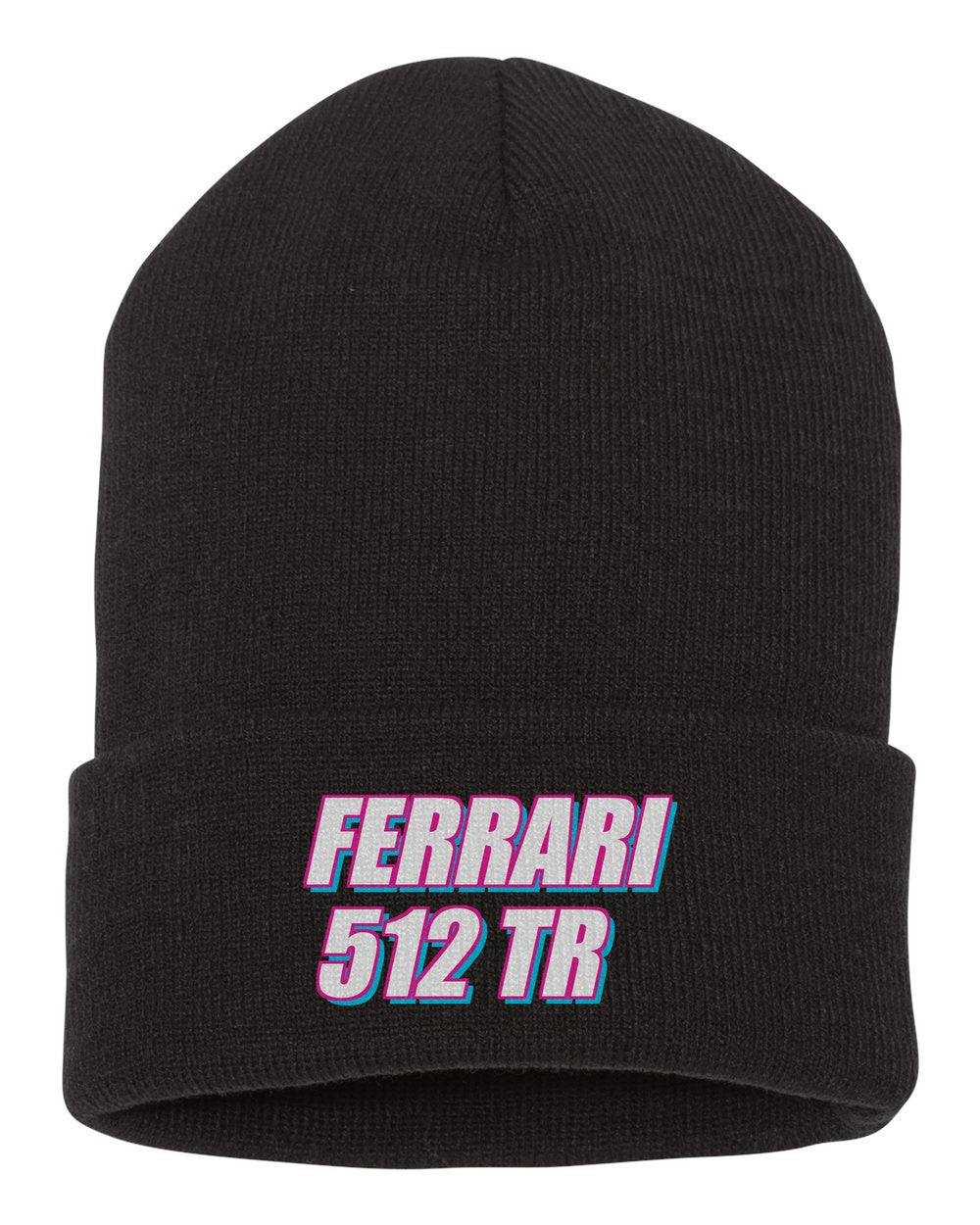 Ferrari 512 Tr black beanie front view with car name