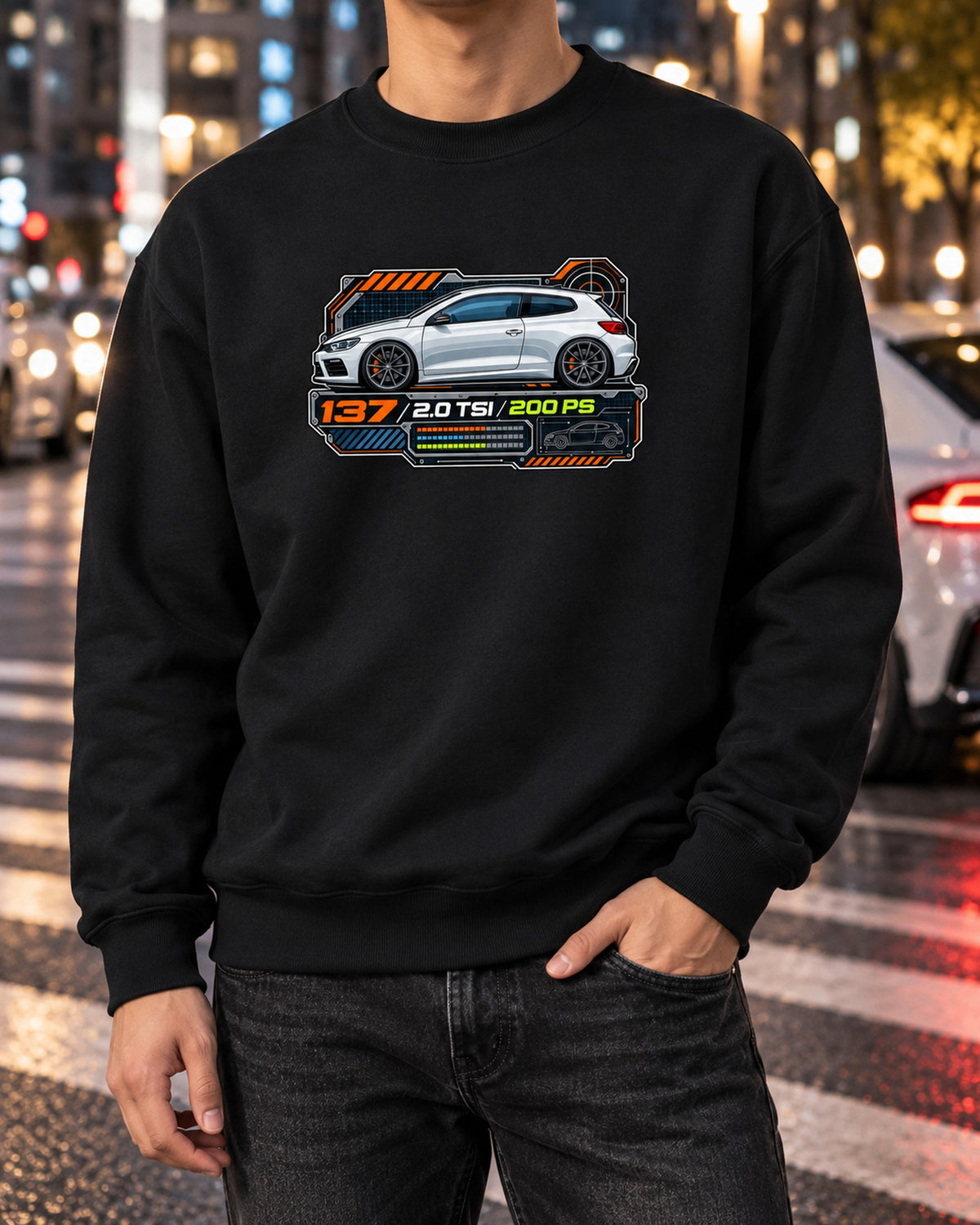 VW Scirocco Mk3 2.0 TSI 200 PS Spec Sheet Data Plate Shirt Crewneck Black worn hero