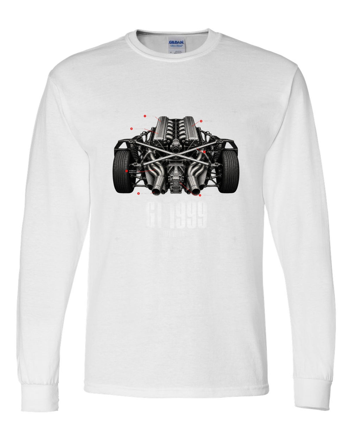 Engine hero print of a Lamborghini Diablo GT 6.0 V12 with 80 built text white long sleeve front view with the design