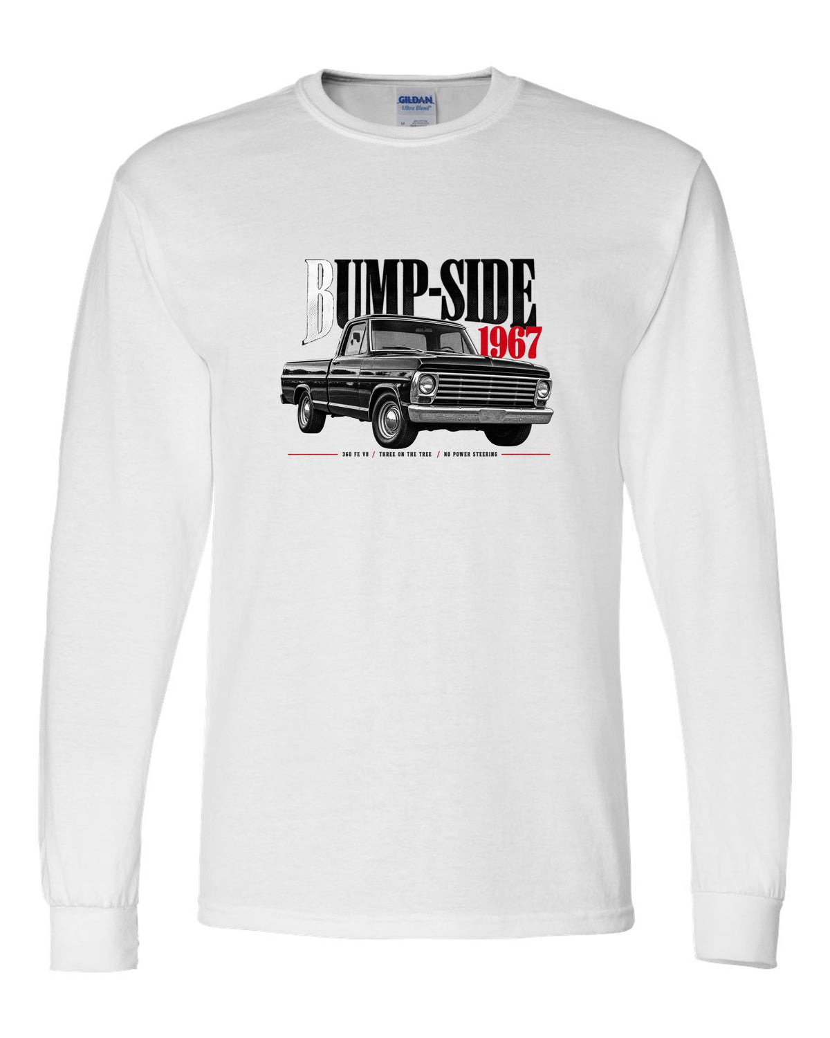 Ford F-Series Bump-Side 1967 360 FE V8 Editorial Graphic Tee white long sleeve front view with the design