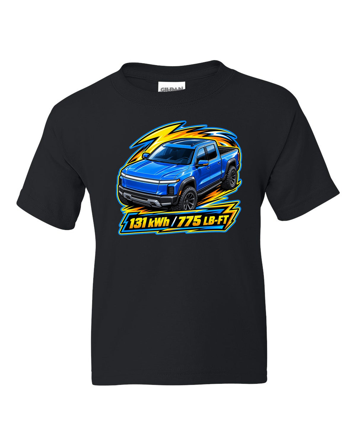 Ford F-150 Lightning EV on a die-cast toy card style print black kids tee front view with the design