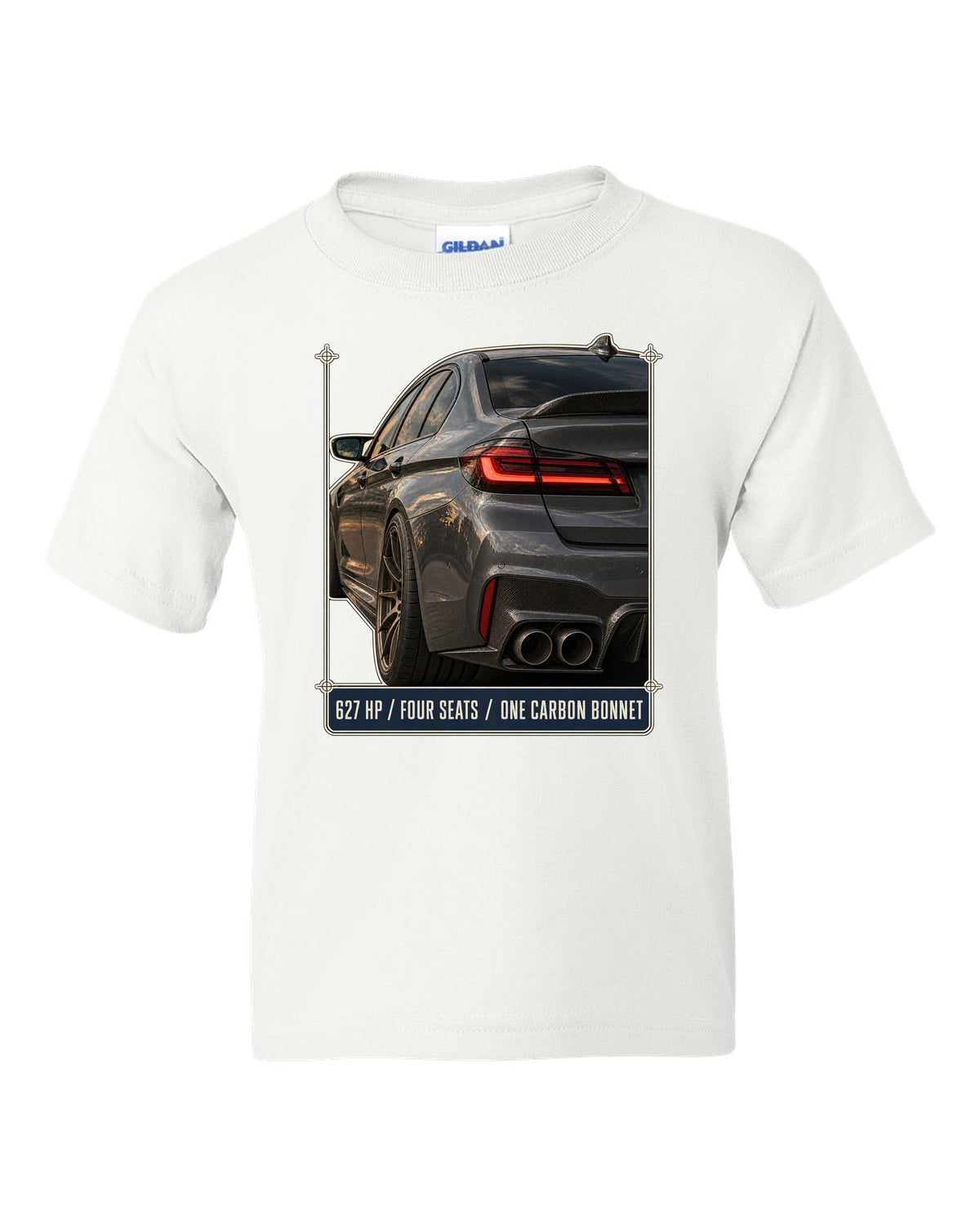 BMW M5 F90 CS taillight macro print with 627 HP, four seats and carbon bonnet text white kids tee front view with the design
