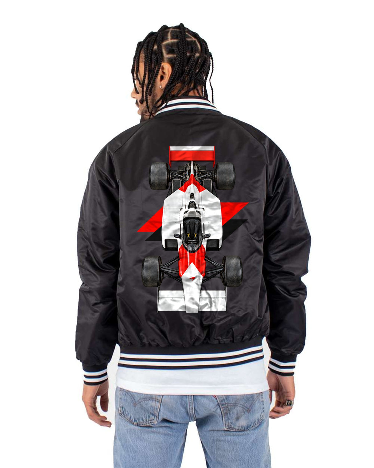 Mclaren MP4 2B 1985 Classic F1 Overhead Poster Shirt, Formula 1 Tee Bomber Jacket Black back