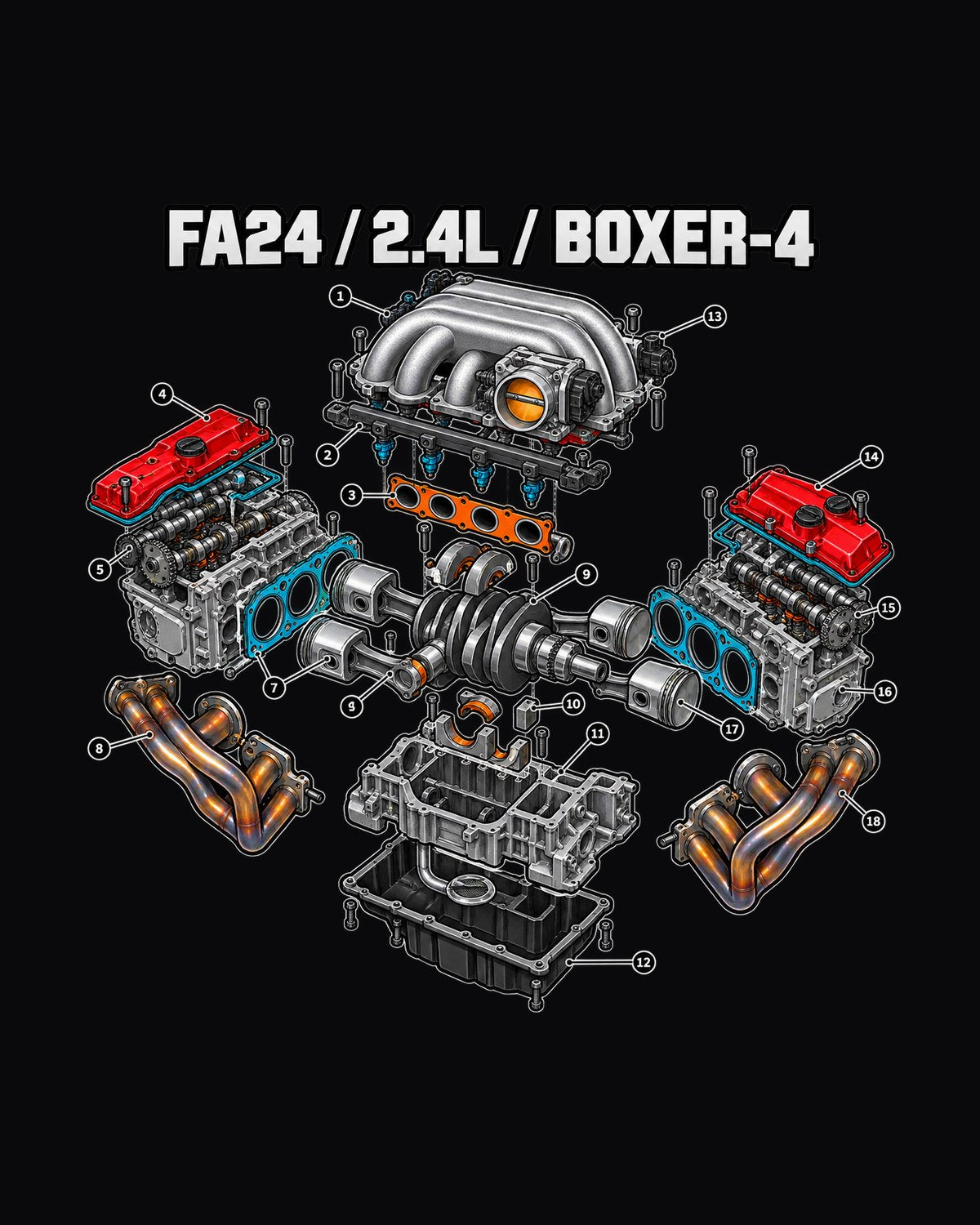 GR86 ZN8 FA24 Boxer-Four Exploded Diagram Shirt, 2.4L design only