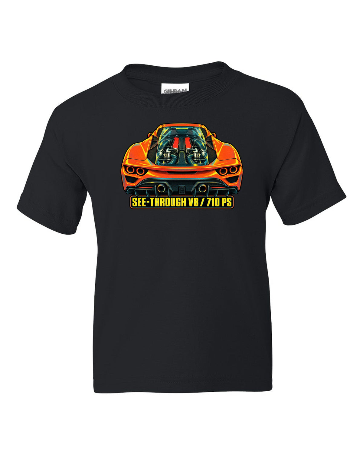 Risograph style print of the Ferrari F8 Tributo transparent engine cover and V8 black kids tee front view with the design