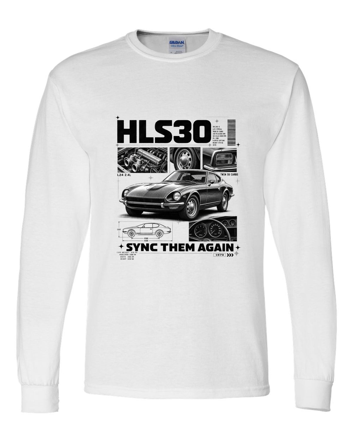 Dossier panel print of a 1970 Datsun 240Z HLS30 with L24 and twin SU carbs text white long sleeve front view with the design