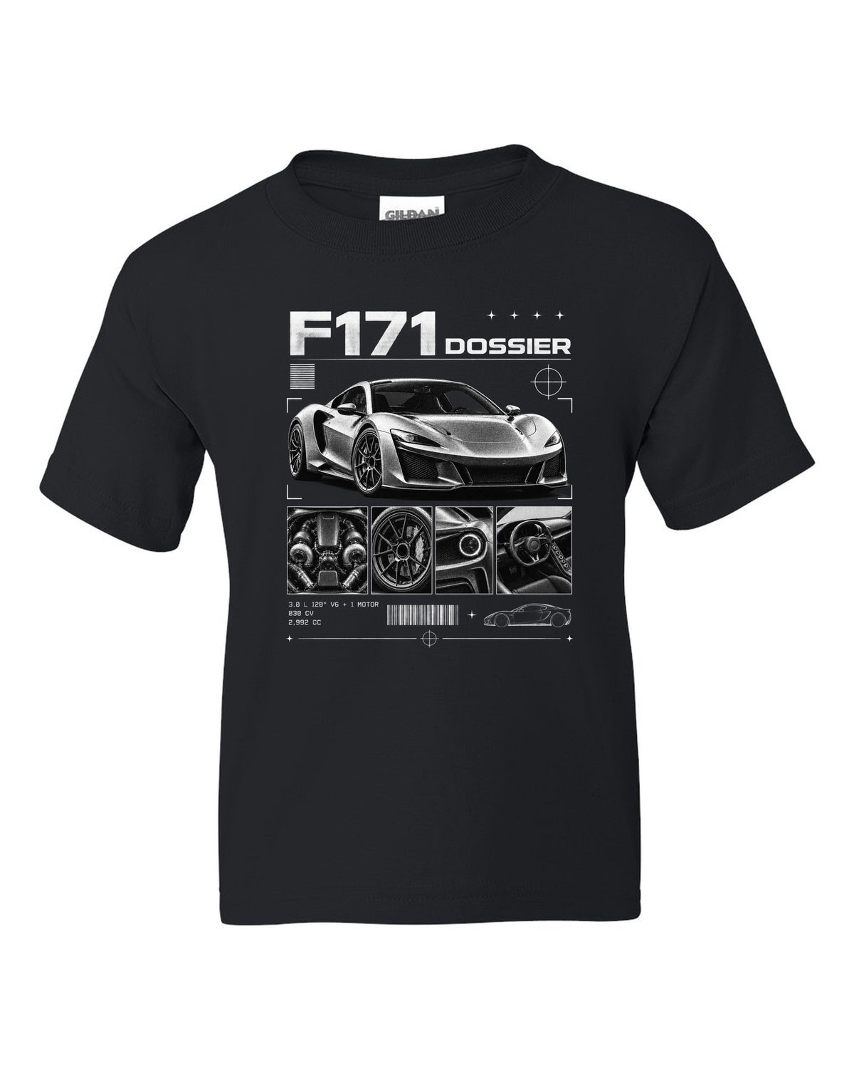 Dossier panel print of a Ferrari 296 GTB F171 with 3.0 L 120 degree V6 plus one motor, 830 CV black kids tee front view with the design