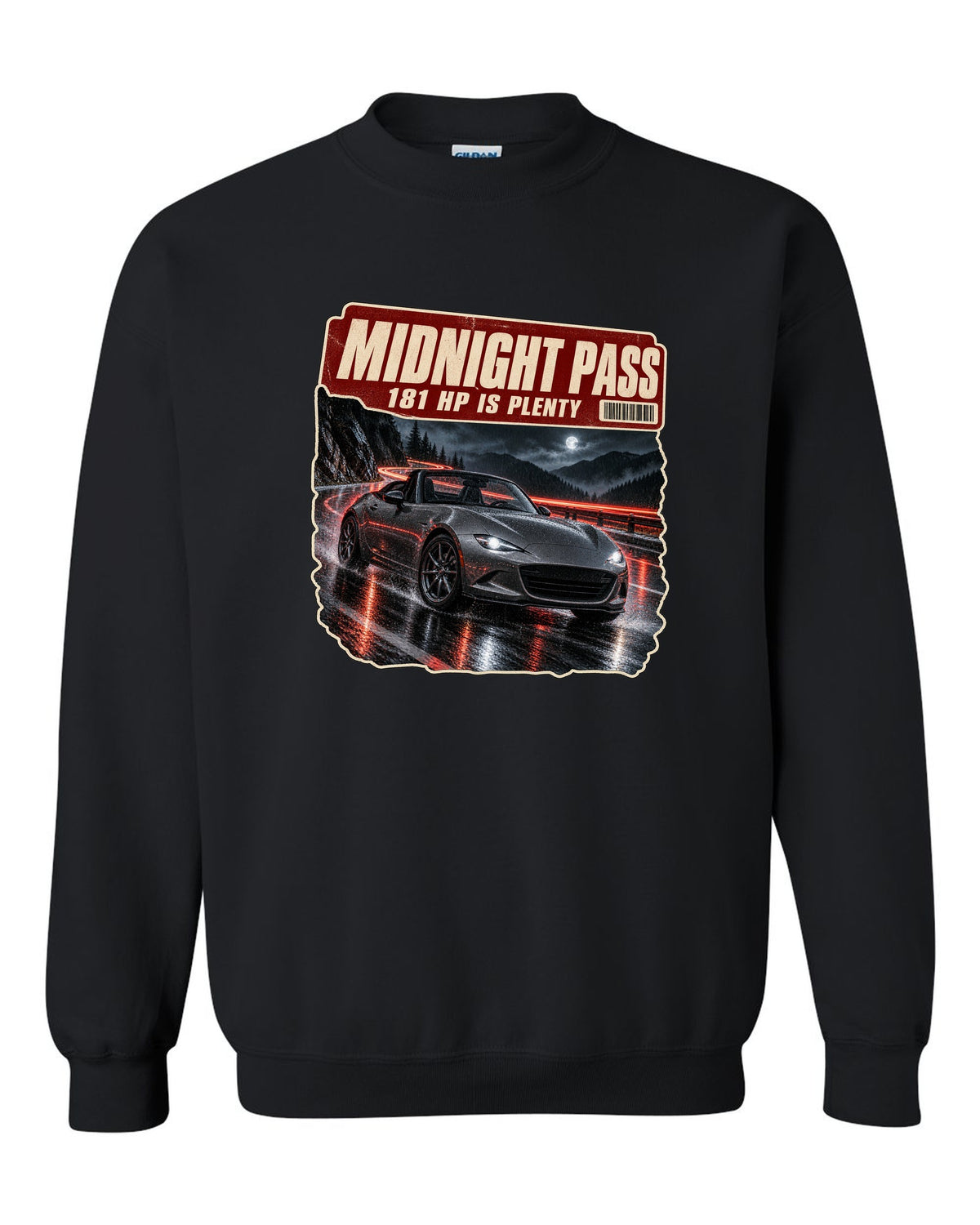 Night mountain pass scene with a 2020 Mazda MX-5 ND RF in Polymetal Grey, poster-style print black crewneck front view with the design