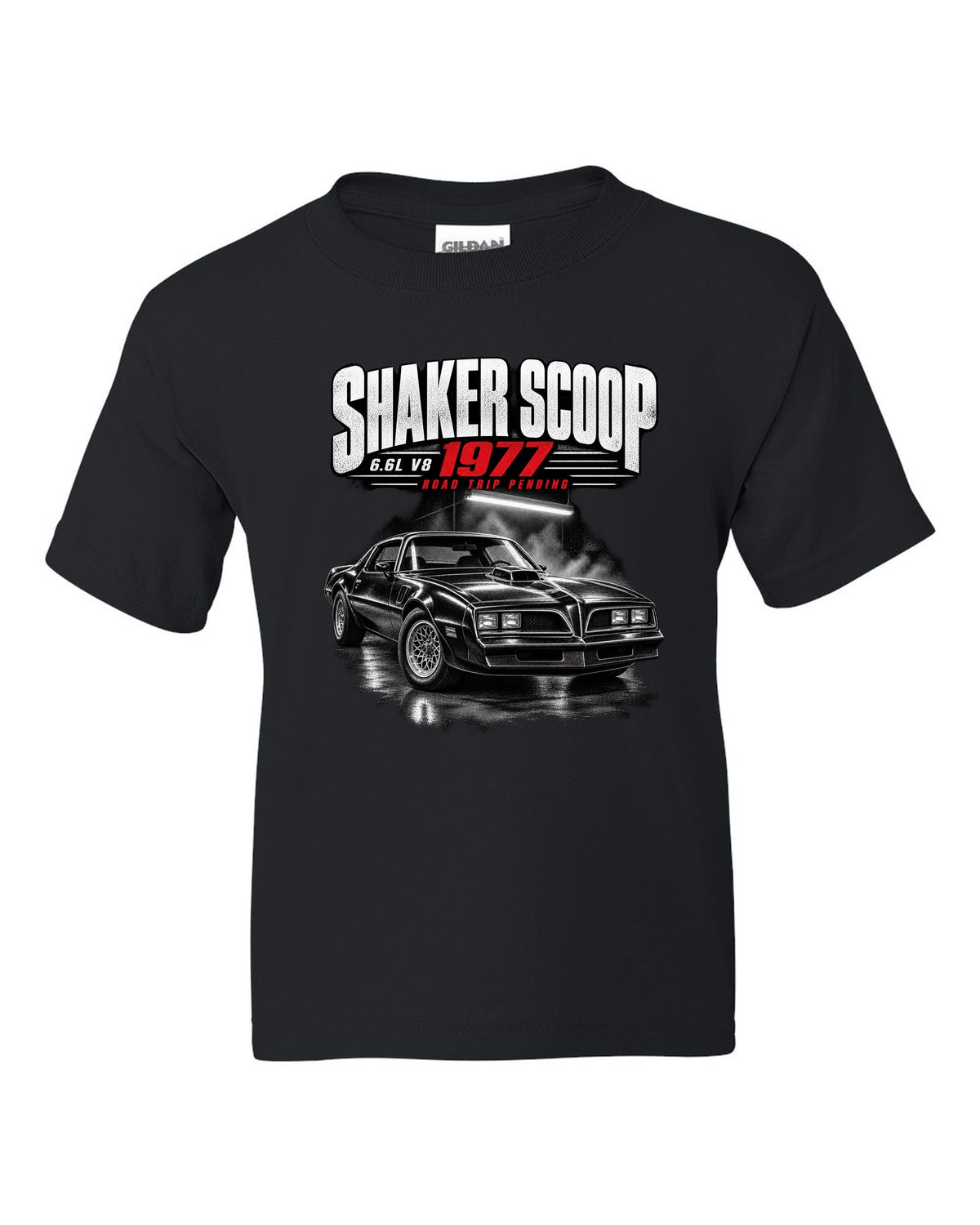 Garage night print of a 1977 Pontiac Firebird Trans Am with shaker scoop black kids tee front view with the design