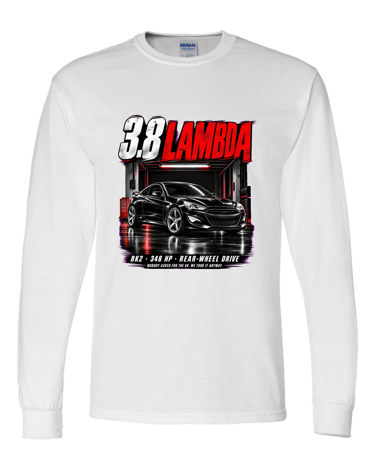 Hyundai Genesis Coupe BK2 3.8 Track in a garage at night with spec text white long sleeve front view with the design