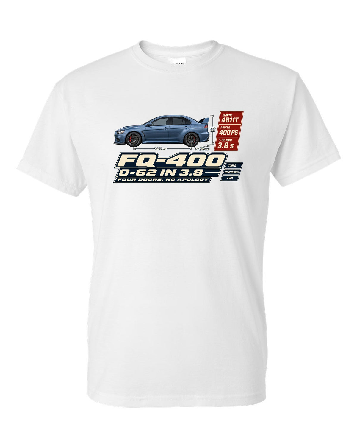 Evo X FQ-400 Spec Poster Tee, 0-62 in 3.8, Four Doors white t-shirt front view with the design