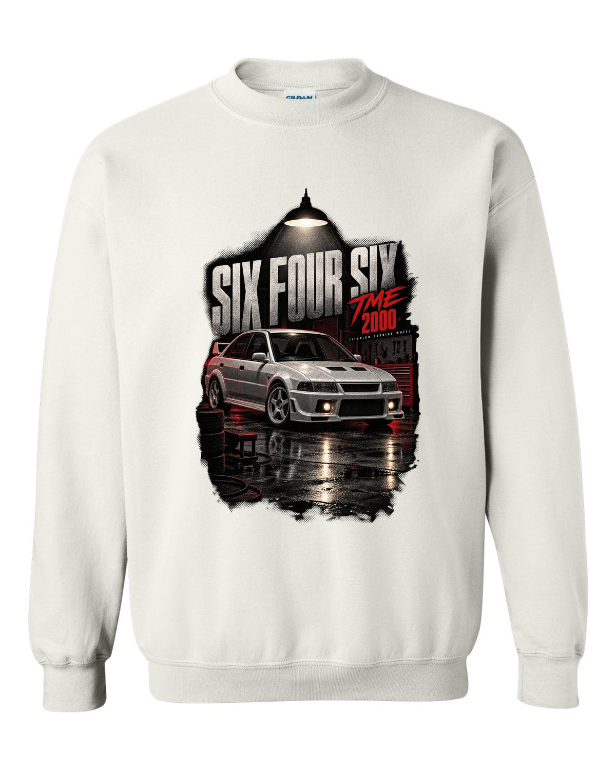 Garage night print for the Mitsubishi Lancer Evolution VI TME CP9A reading Six Four Six, titanium turbine wheel, 2000 white crewneck front view with the design
