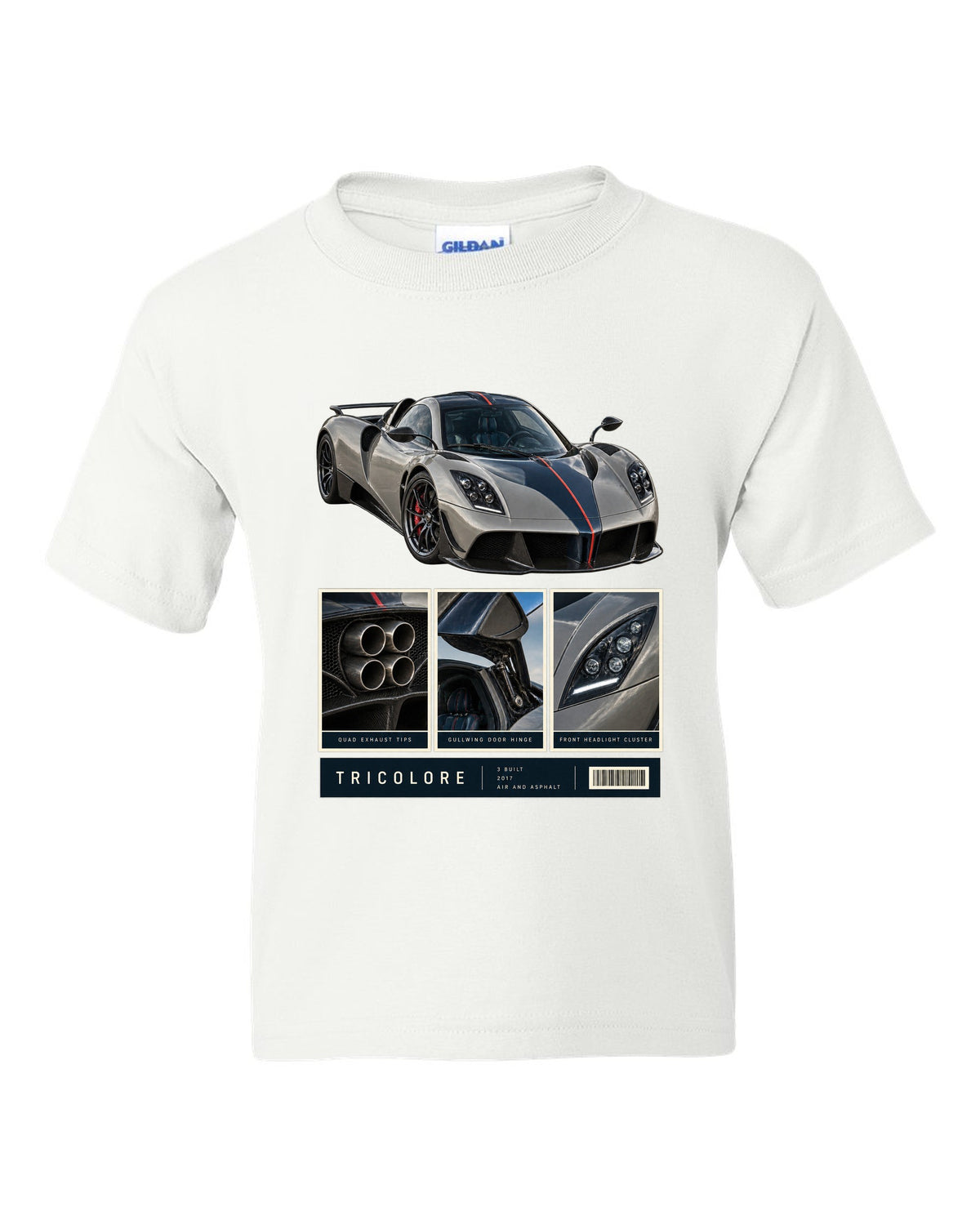 Dossier panel print of the Pagani Huayra Tricolore with the text Tricolore, 3 built, 2017, air and asphalt white kids tee front view with the design