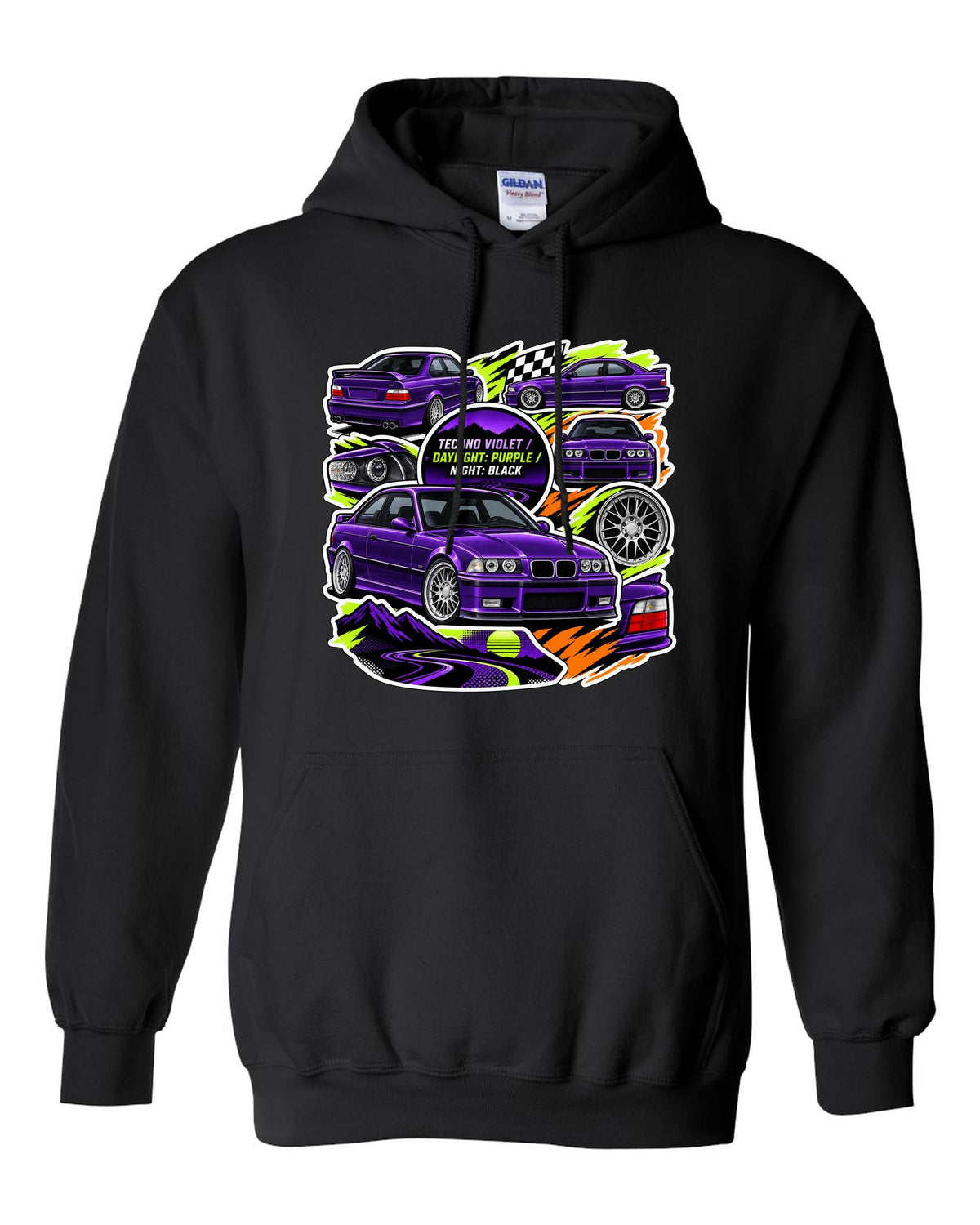 Sticker bomb collage print of a Techno Violet BMW E36 M3 with daylight purple night black text black pull over hoodie front view with the design