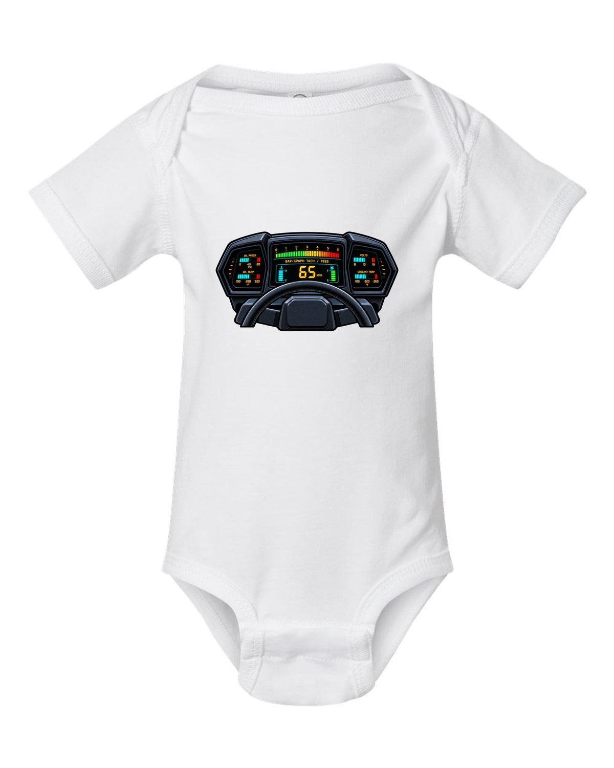 Gauge cluster HUD style print of a 1985 Chevrolet Corvette C4 digital dash with bar-graph tach white baby onesie front view with the design