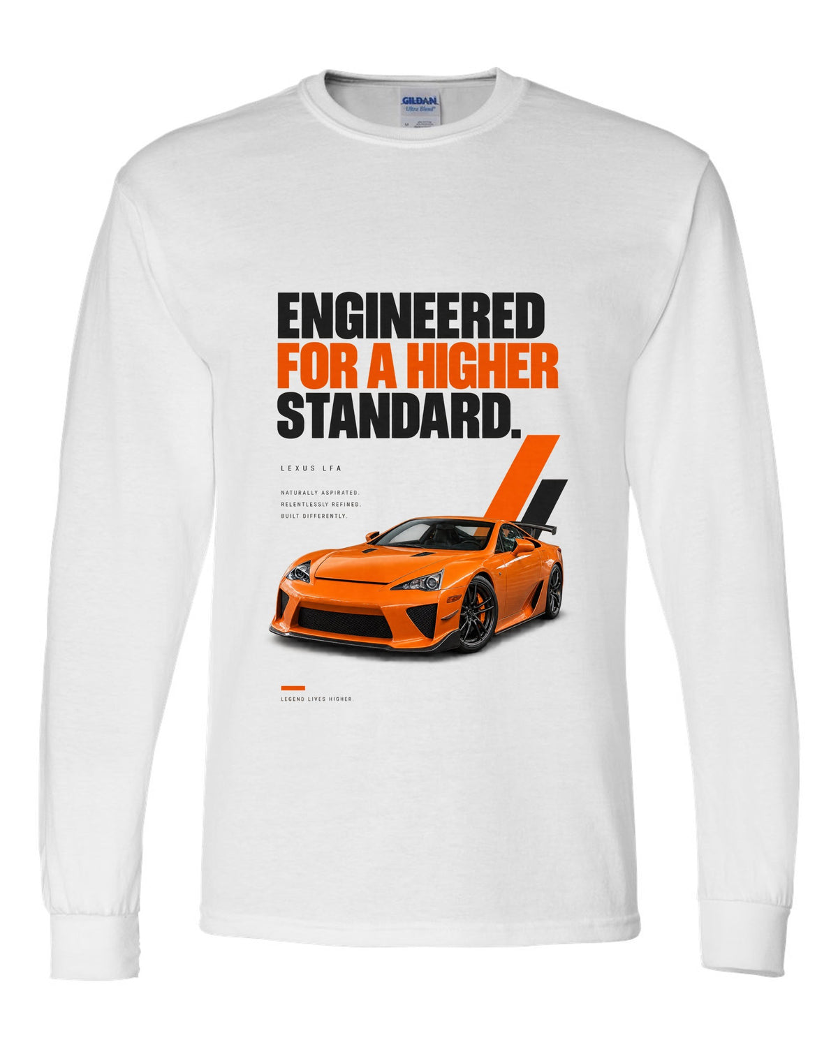 Magazine headline layout featuring the Lexus LFA and its digital tachometer white long sleeve front view with the design