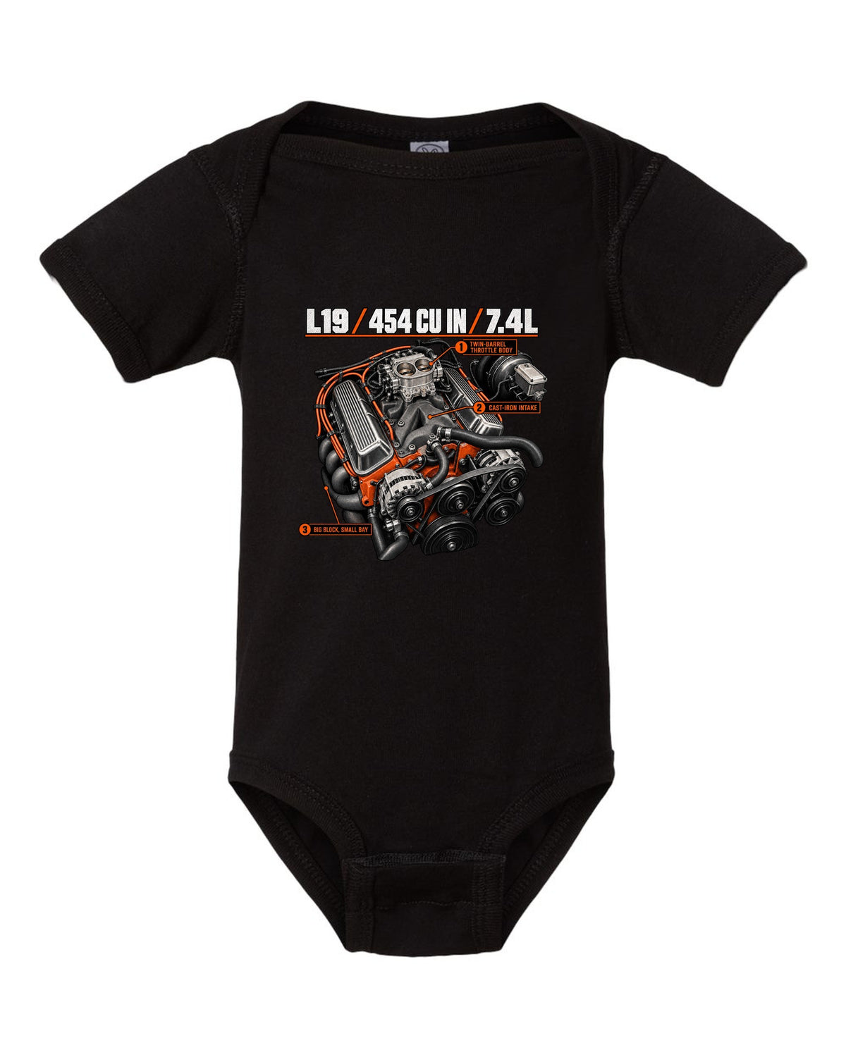 Chevy 454 SS L19 big-block engine diagram print black baby onesie front view with the design