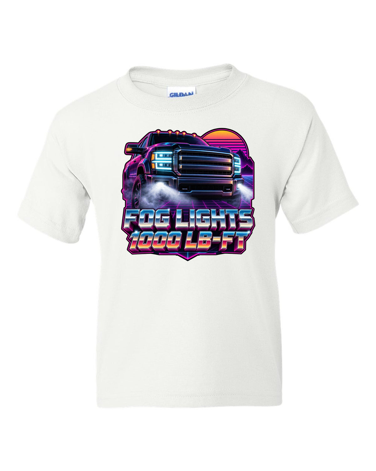 Neon synthwave grid print of a 2019-2024 Ram HD 2500 with the 6.7 HO and 1000 lb-ft text white kids tee front view with the design