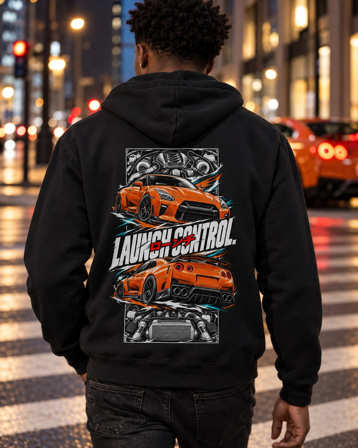 Nissan GT-R R35 Torn Poster Full-Back Graphic Tee Zip Hoodie Black worn hero