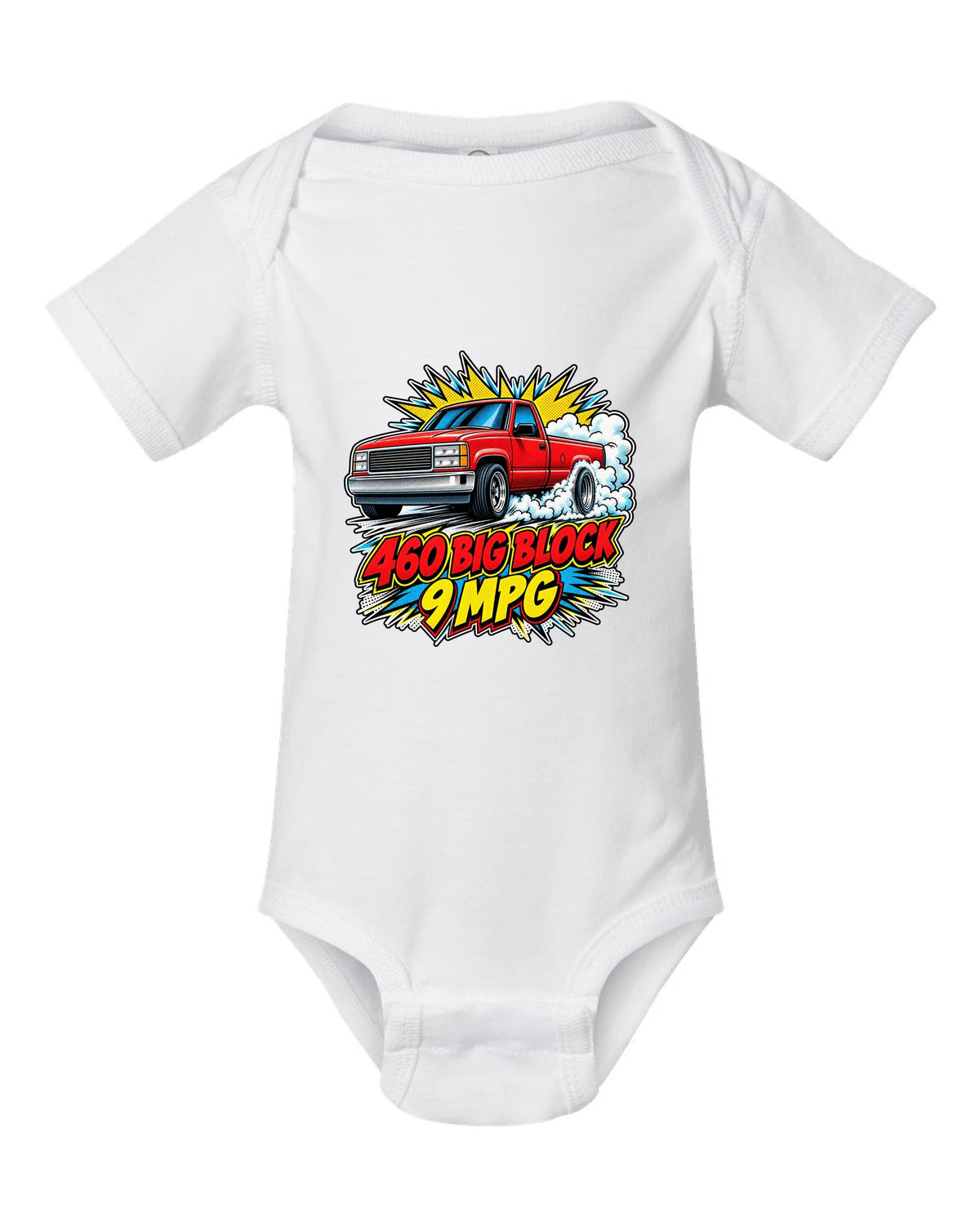 Comic halftone pop-art print of a 1992-97 Ford F-150 OBS burnout with 460 big block text white baby onesie front view with the design