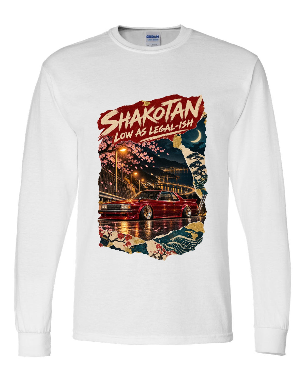 Japanese poster collage of a lowered kaido racer coupe with SHAKOTAN lettering white long sleeve front view with the design