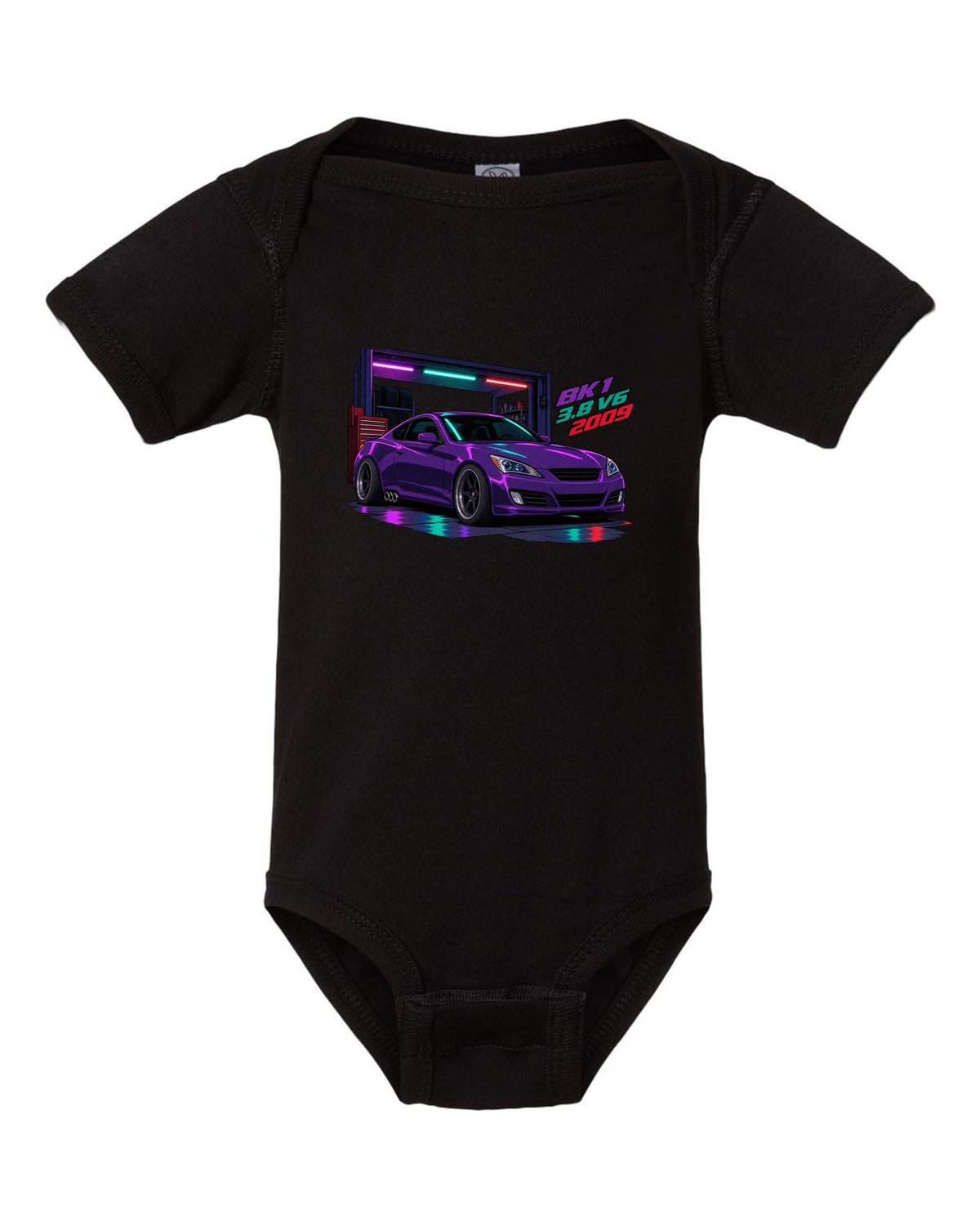 Cel-shaded anime print of a Hyundai Genesis Coupe BK1 in a garage with 3.8 V6 2009 text black baby onesie front view with the design